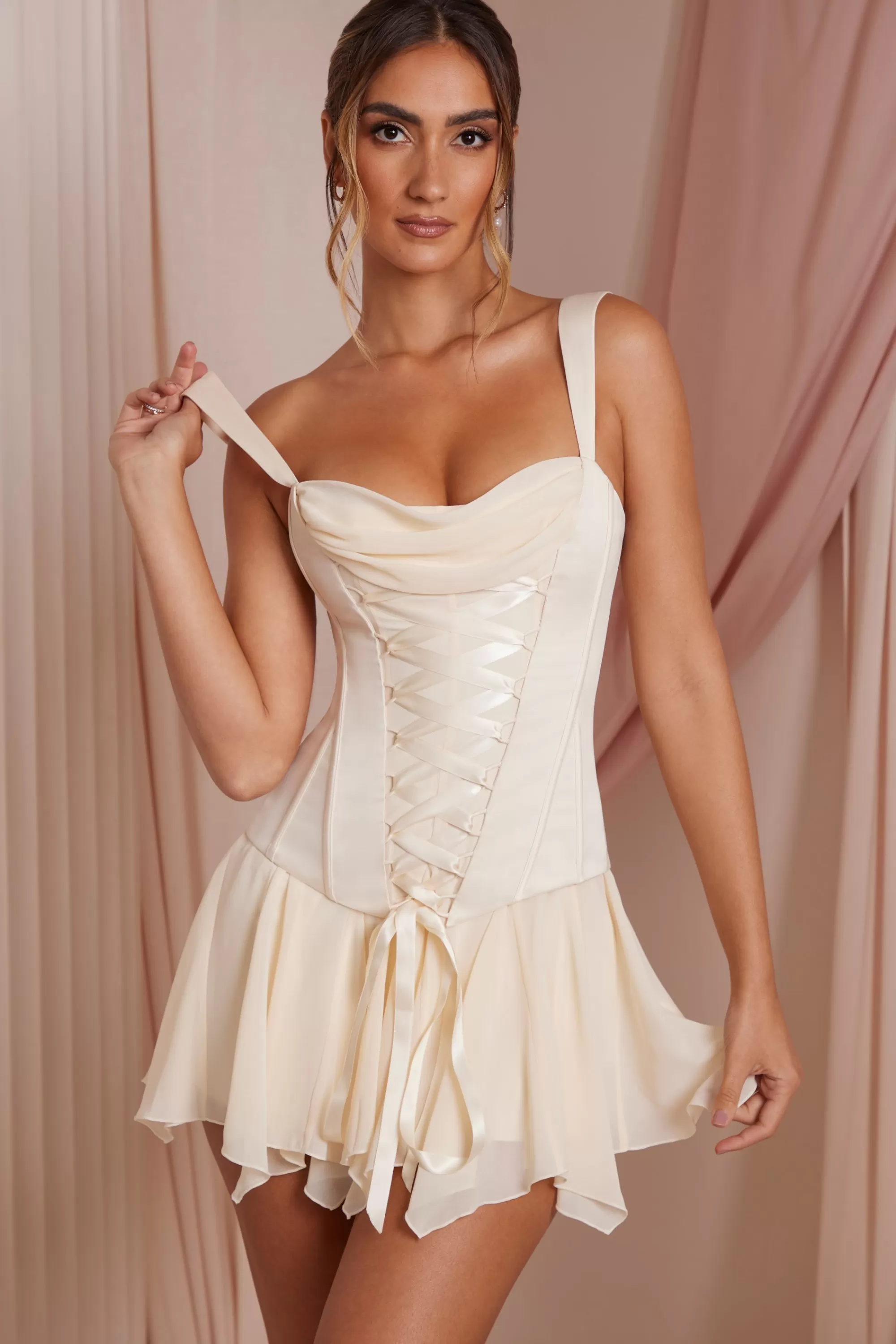 Oh Polly Lace Up Corset Mini Dress in Ivory Sale