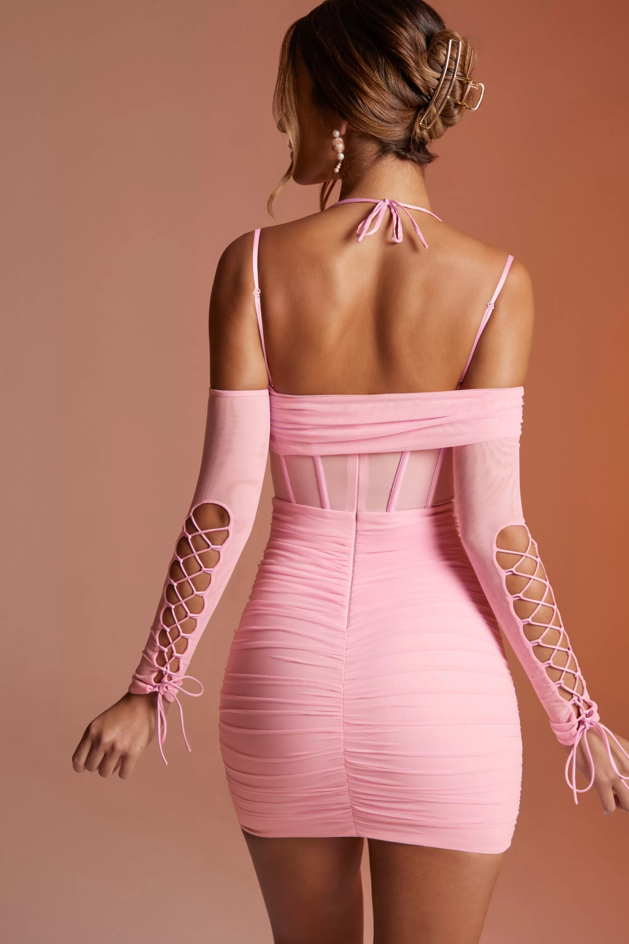Oh Polly Lace Up Long Sleeve Corset Mini Dress in Pink New