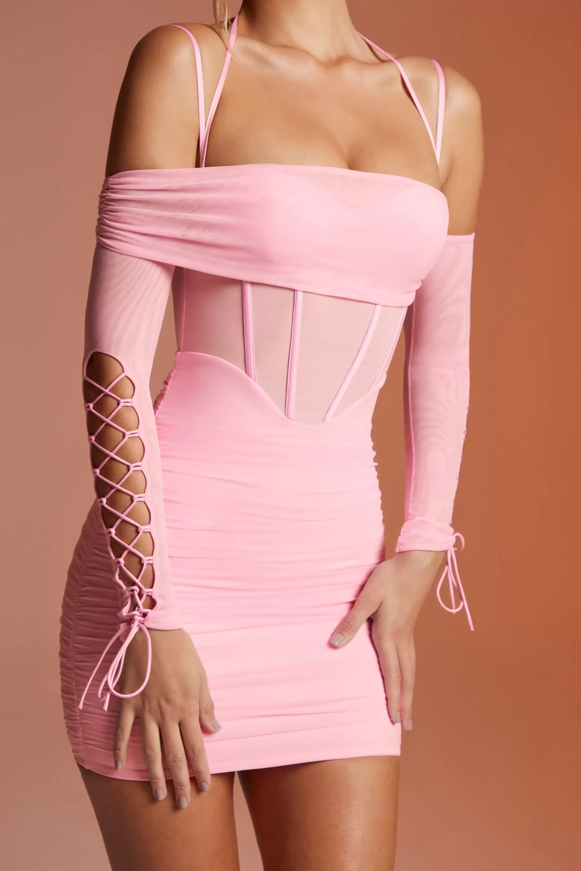 Oh Polly Lace Up Long Sleeve Corset Mini Dress in Pink New