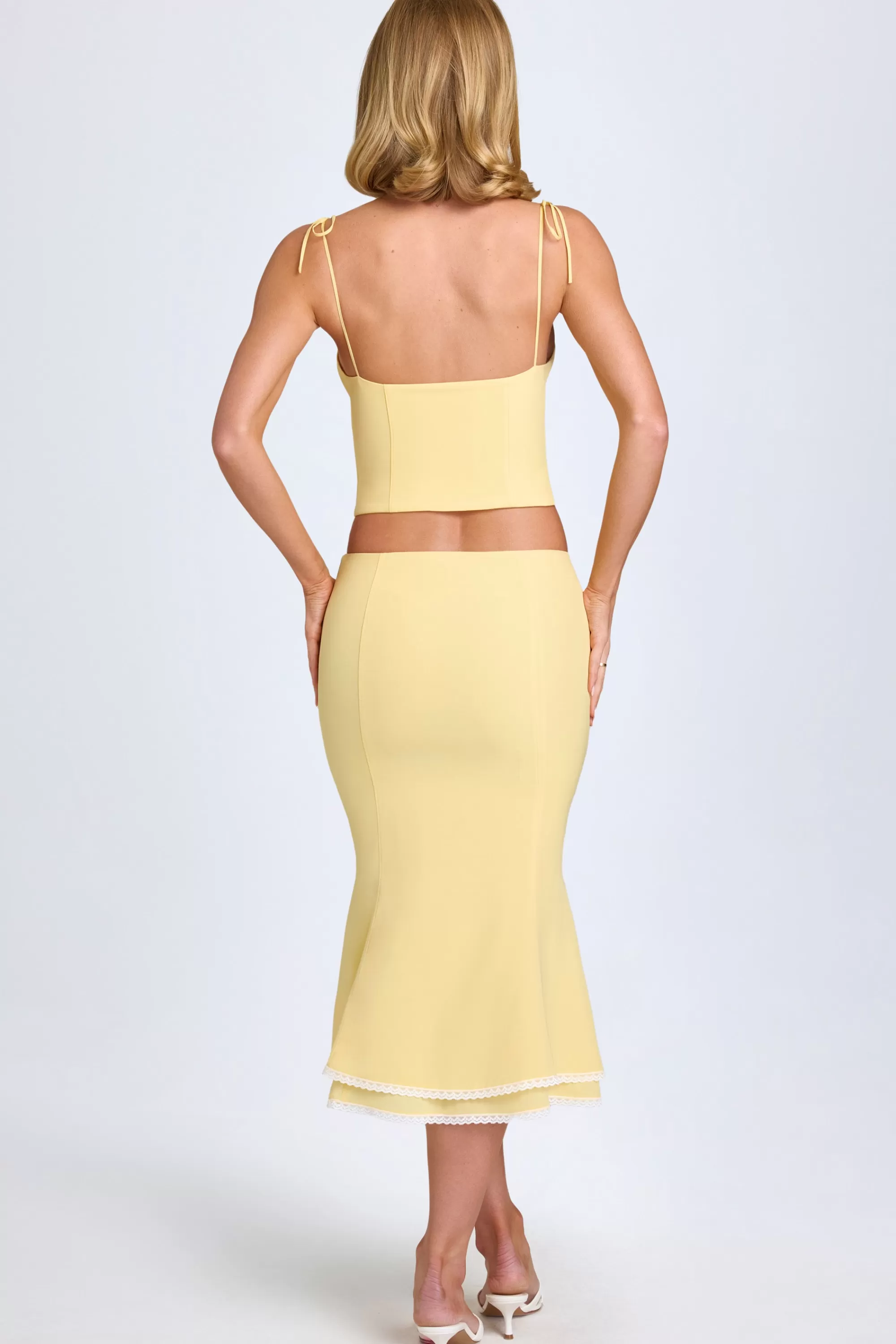 Oh Polly Lace-Trim Mid-Rise Midaxi Skirt in Pastel Yellow PastelYellow Cheap