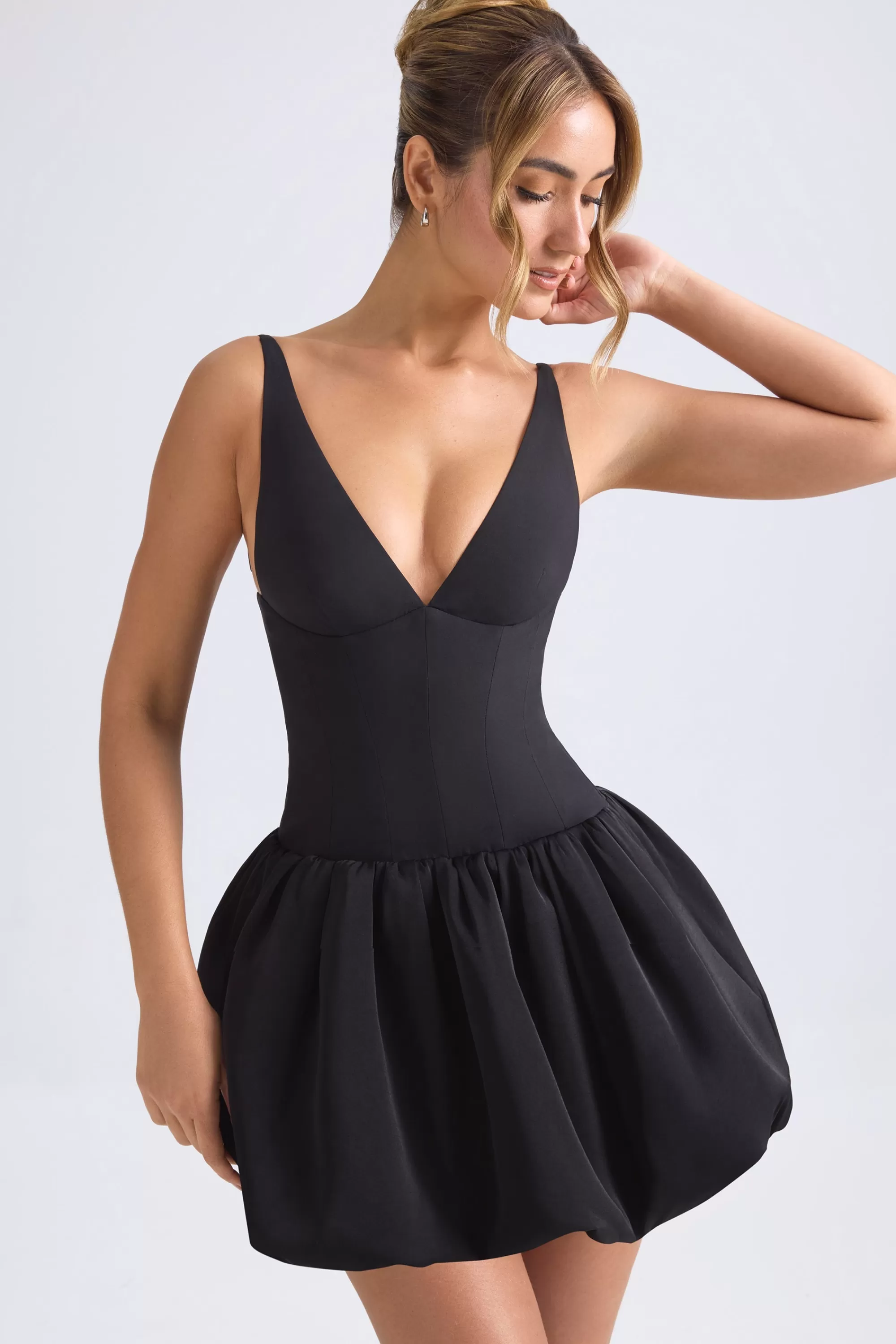 Oh Polly Lace-Up Bubble Hem Corset Micro Mini Dress in Black Sale