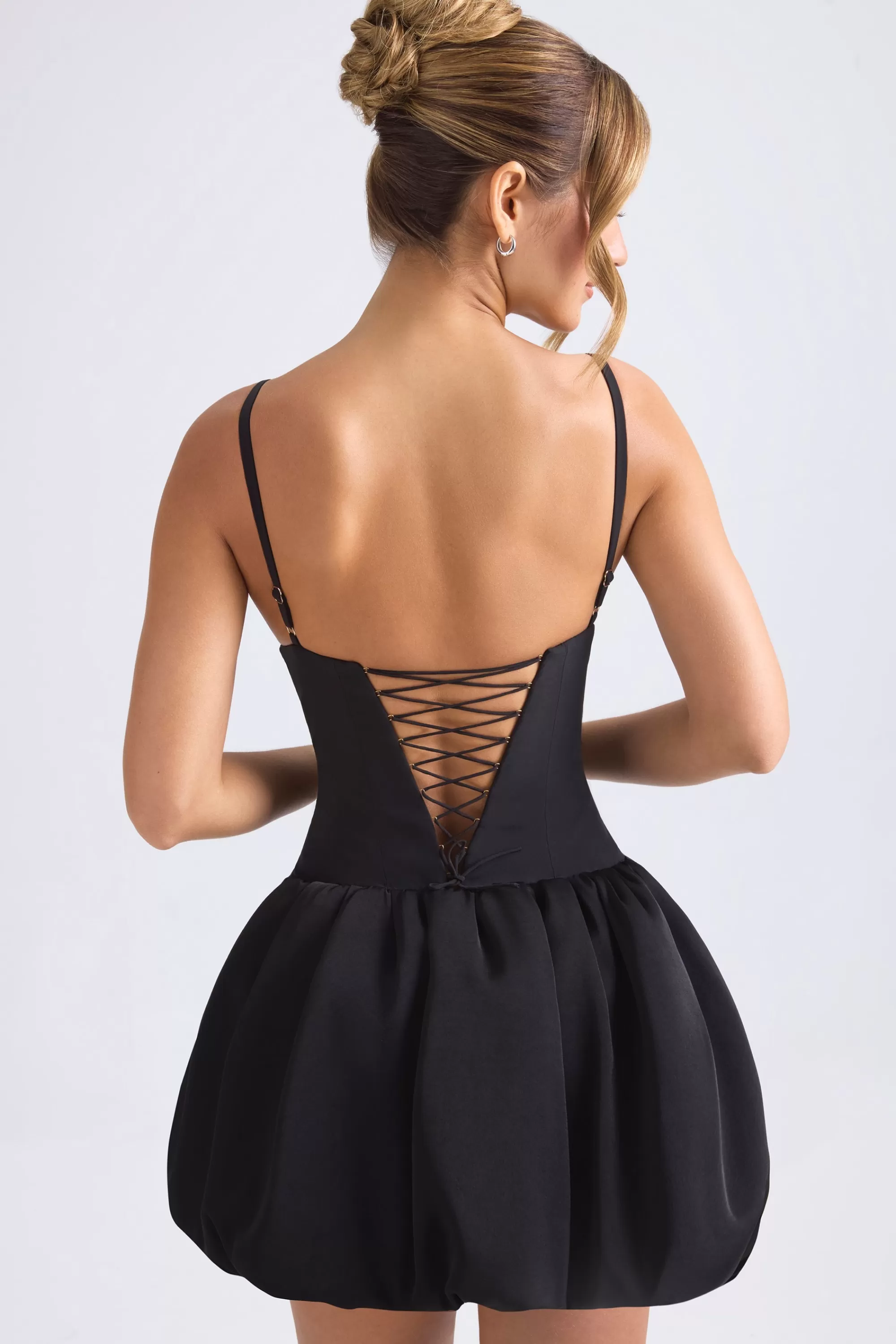 Oh Polly Lace-Up Bubble Hem Corset Micro Mini Dress in Black Sale