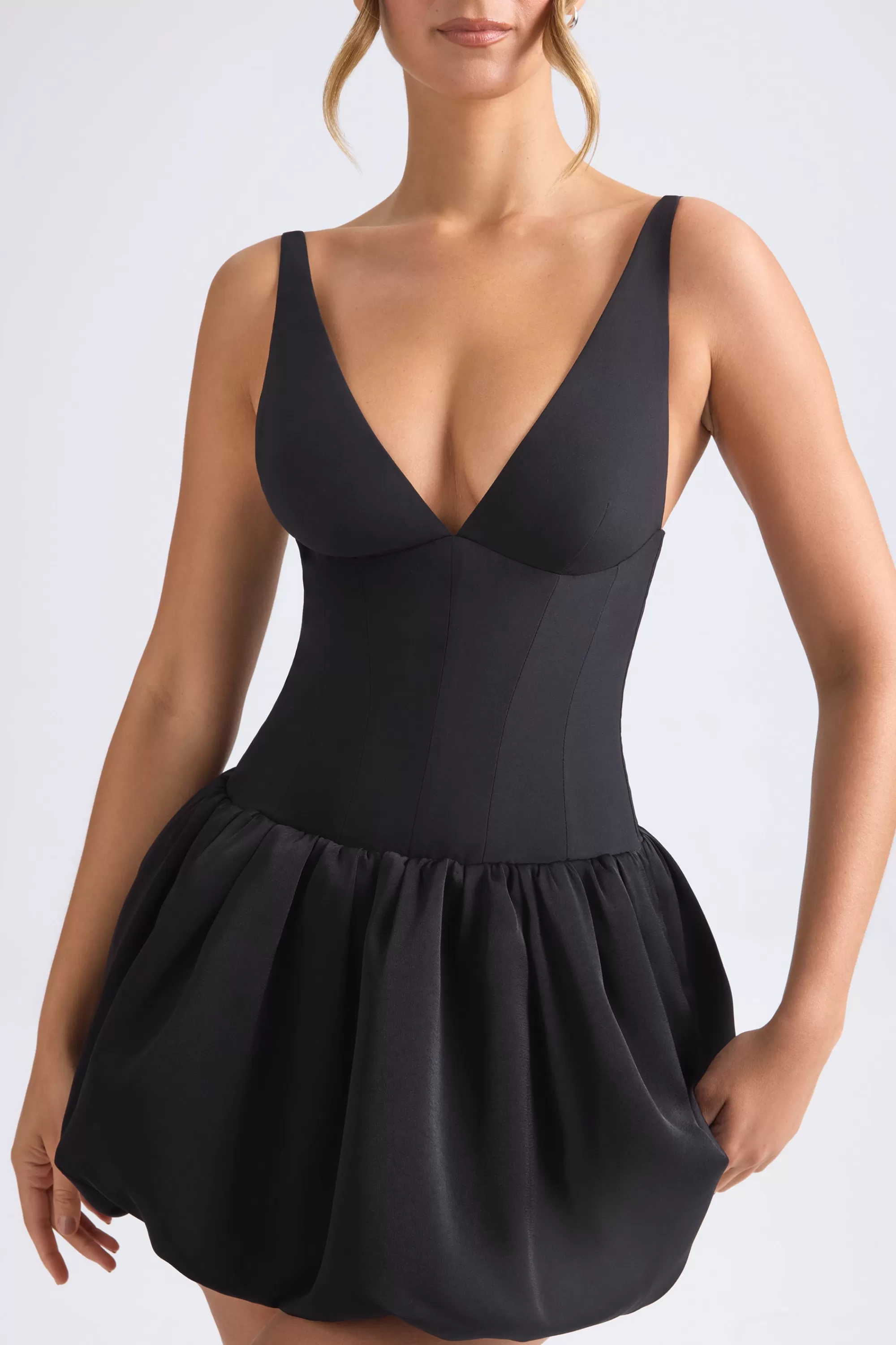 Oh Polly Lace-Up Bubble Hem Corset Micro Mini Dress in Black Sale