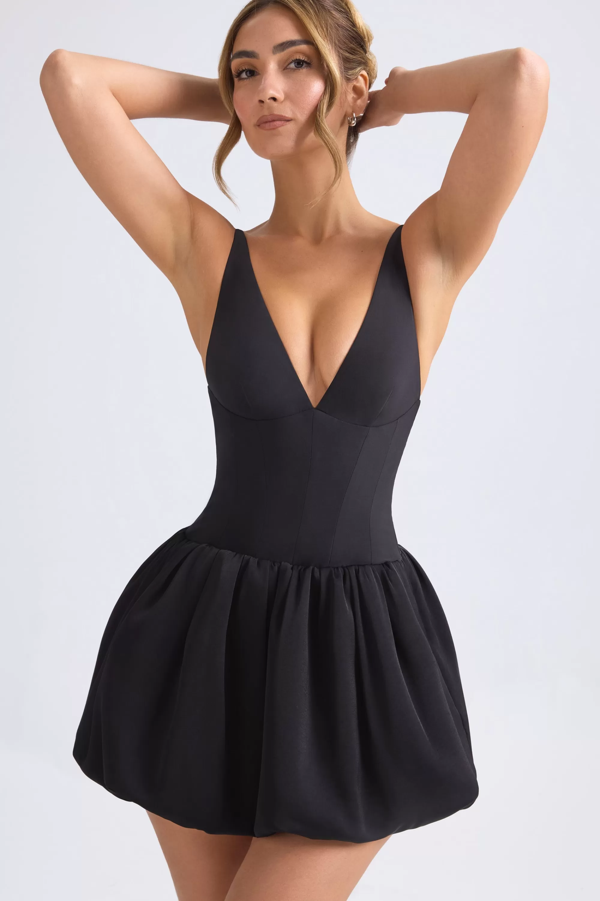 Oh Polly Lace-Up Bubble Hem Corset Micro Mini Dress in Black Sale