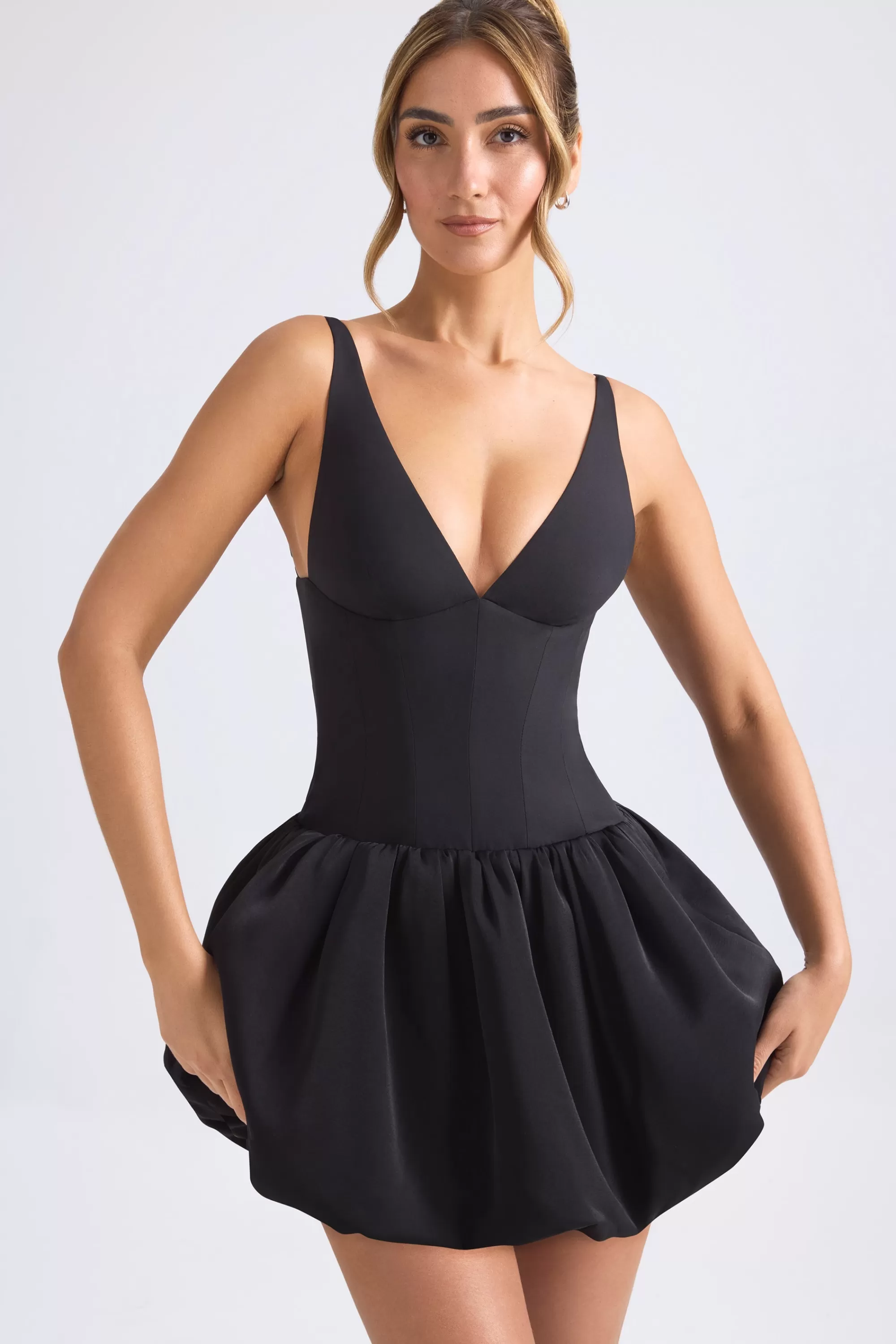 Oh Polly Lace-Up Bubble Hem Corset Micro Mini Dress in Black Sale