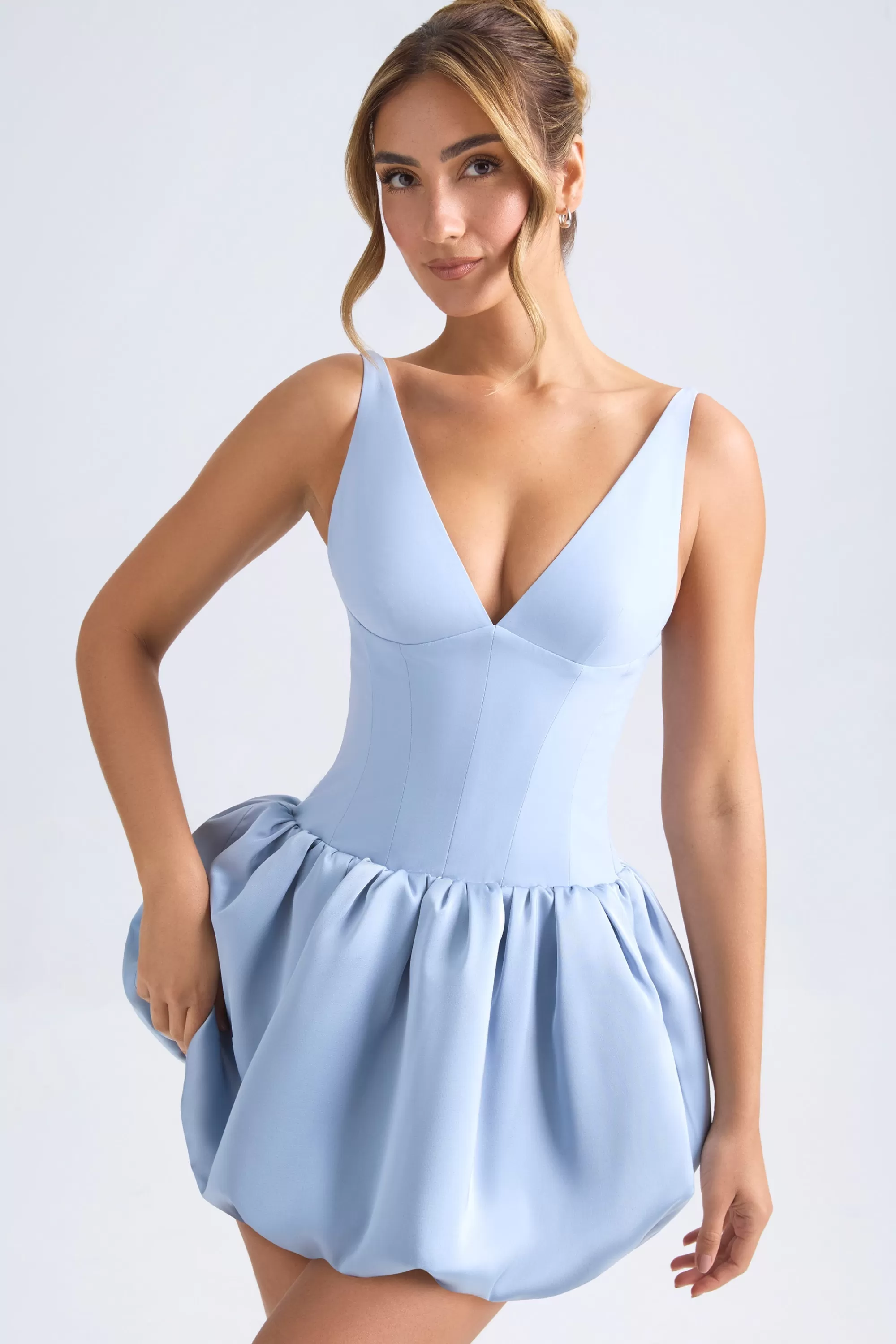 Oh Polly Lace-Up Bubble Hem Corset Micro Mini Dress in Light Blue LightBlue Store
