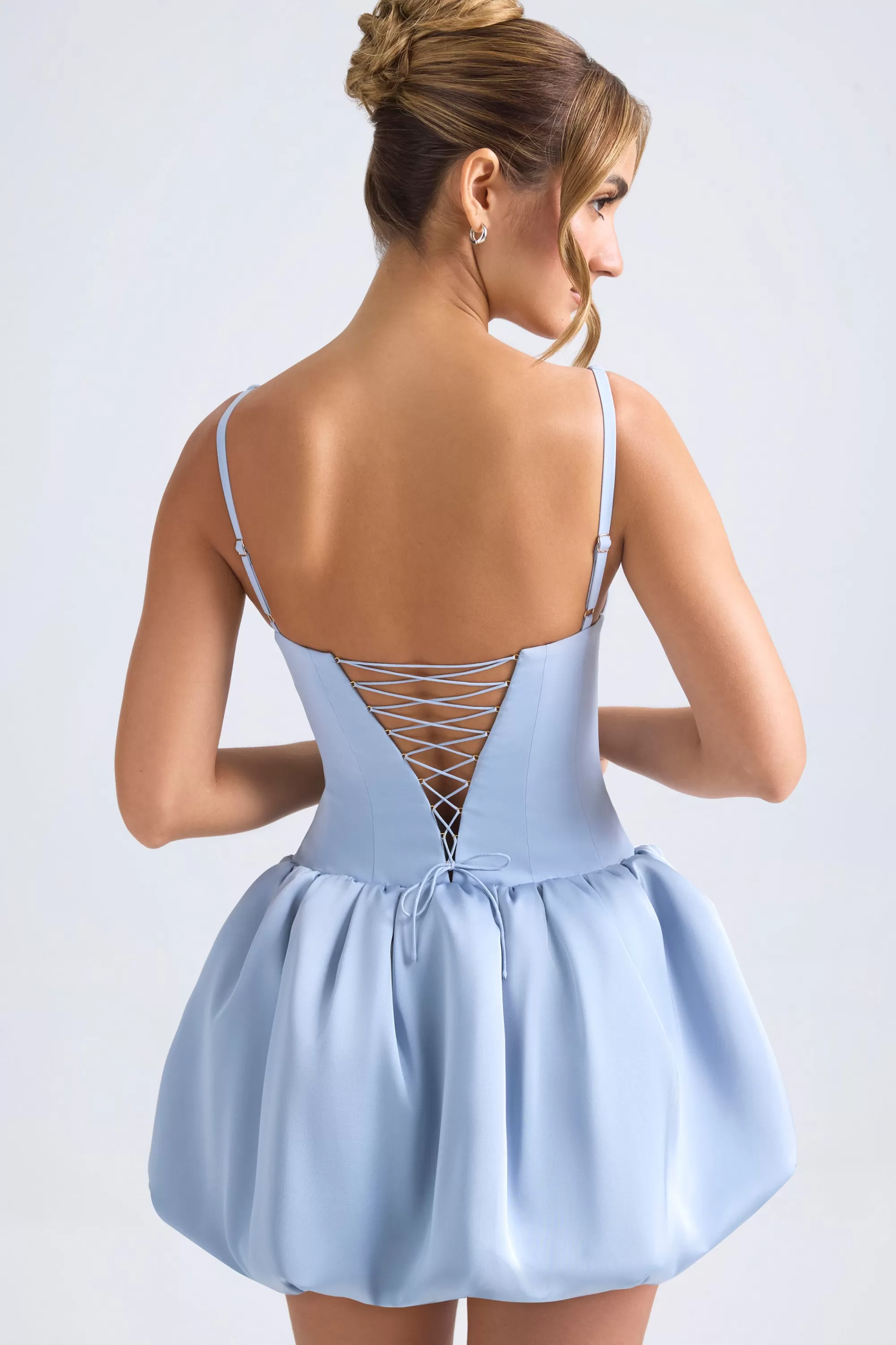 Oh Polly Lace-Up Bubble Hem Corset Micro Mini Dress in Light Blue LightBlue Store