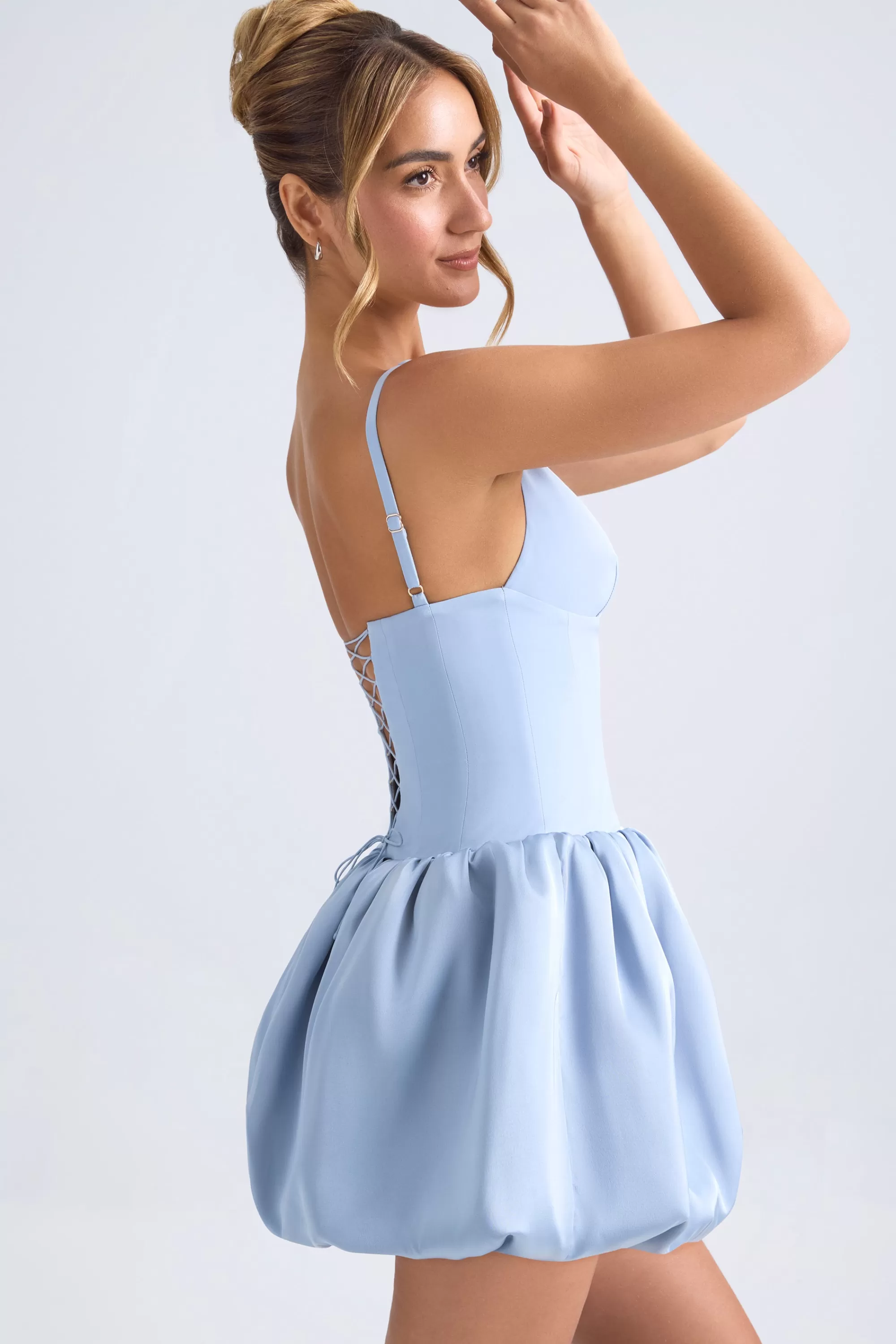 Oh Polly Lace-Up Bubble Hem Corset Micro Mini Dress in Light Blue LightBlue Store
