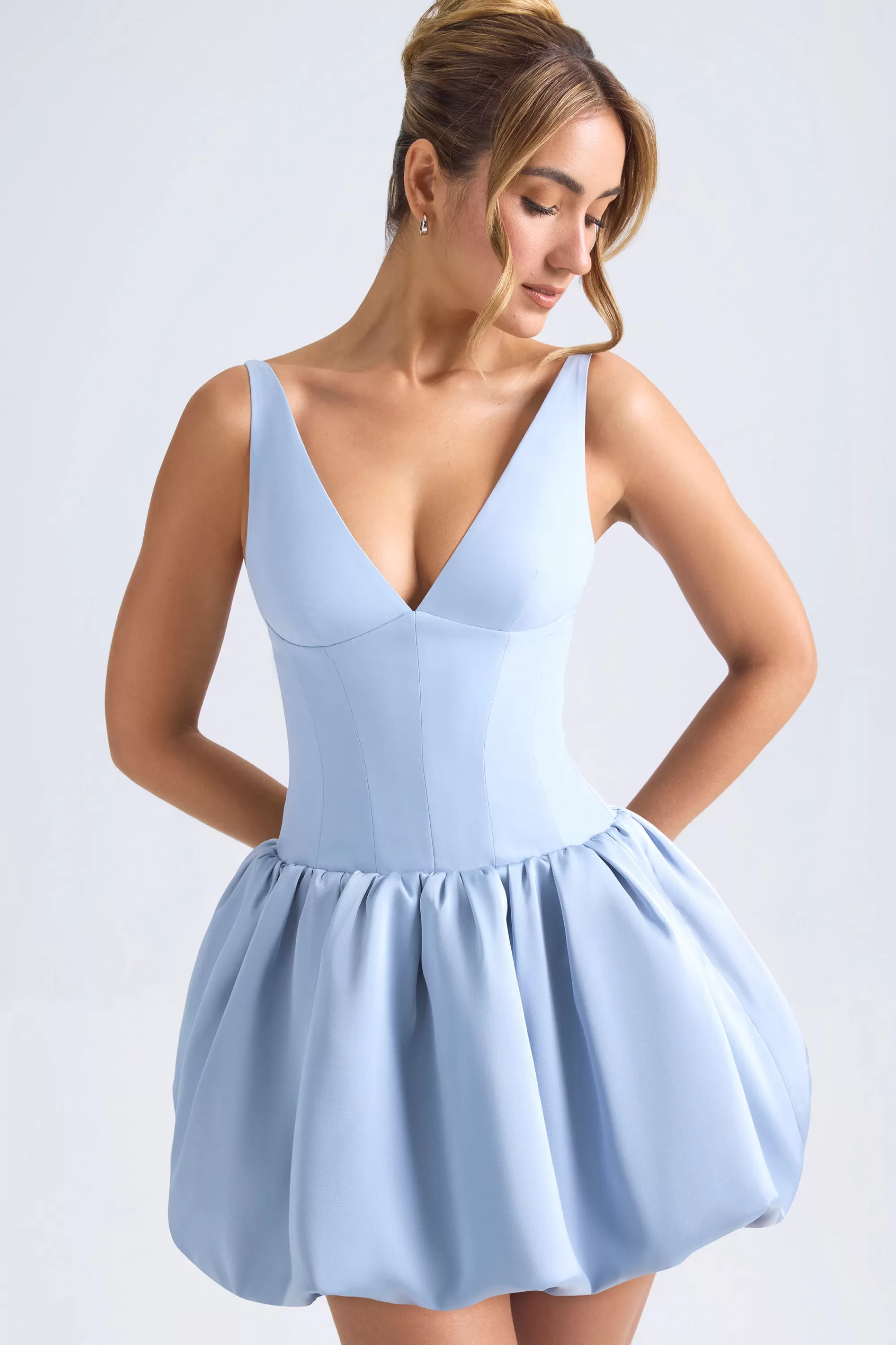 Oh Polly Lace-Up Bubble Hem Corset Micro Mini Dress in Light Blue LightBlue Store