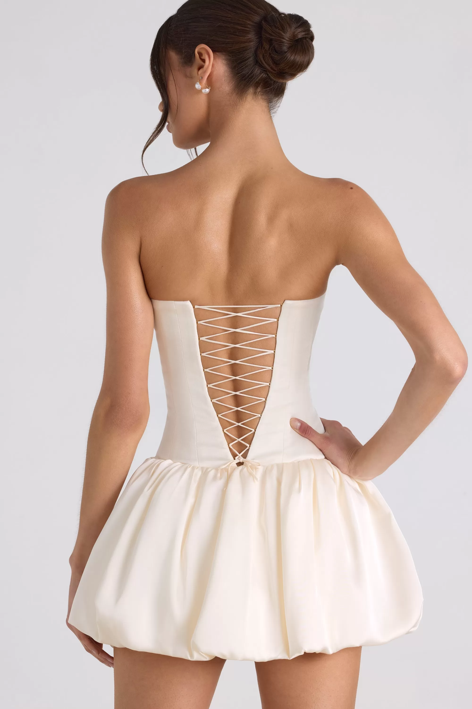 Oh Polly Lace-Up Bubble Hem Corset Mini Dress in Ivory Sale
