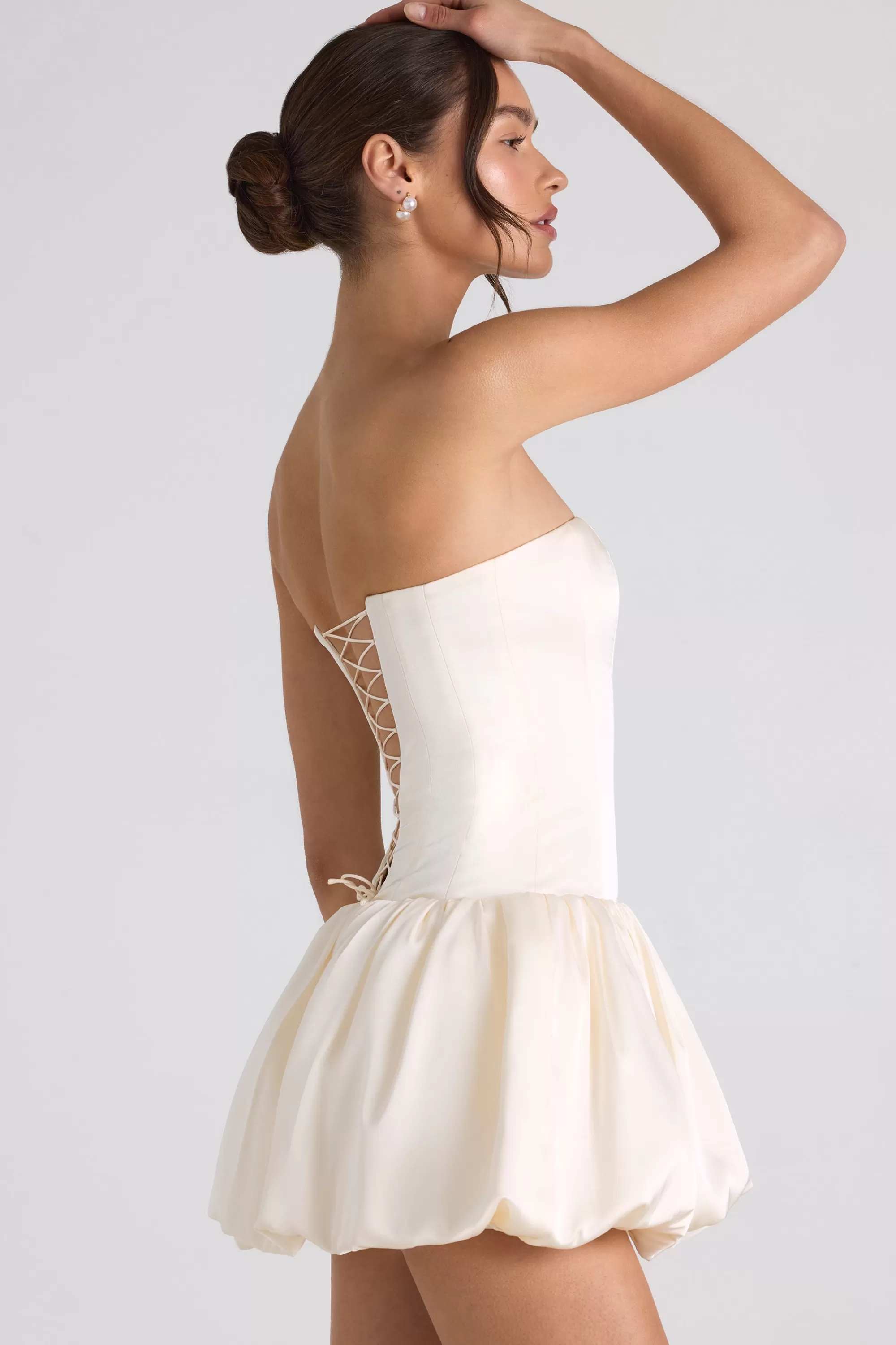 Oh Polly Lace-Up Bubble Hem Corset Mini Dress in Ivory Sale