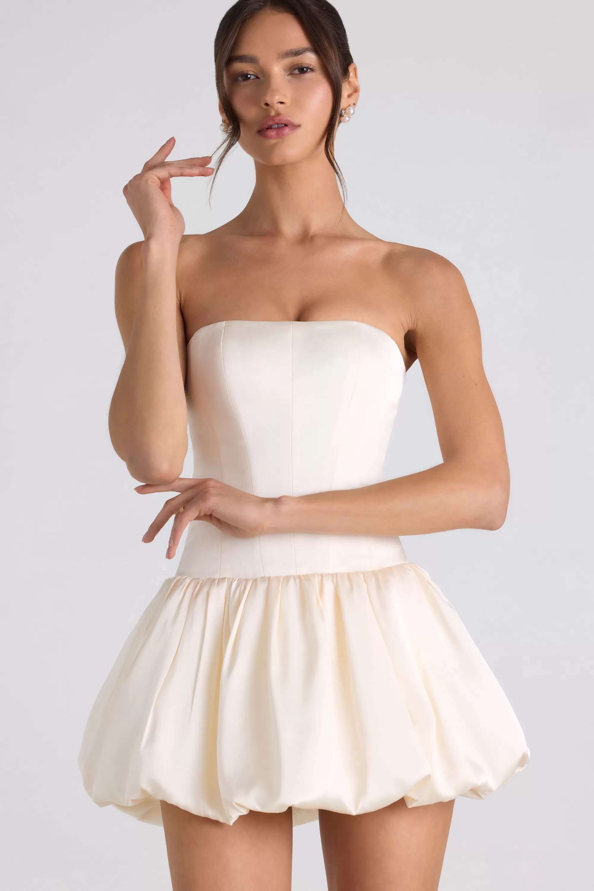 Oh Polly Lace-Up Bubble Hem Corset Mini Dress in Ivory Sale
