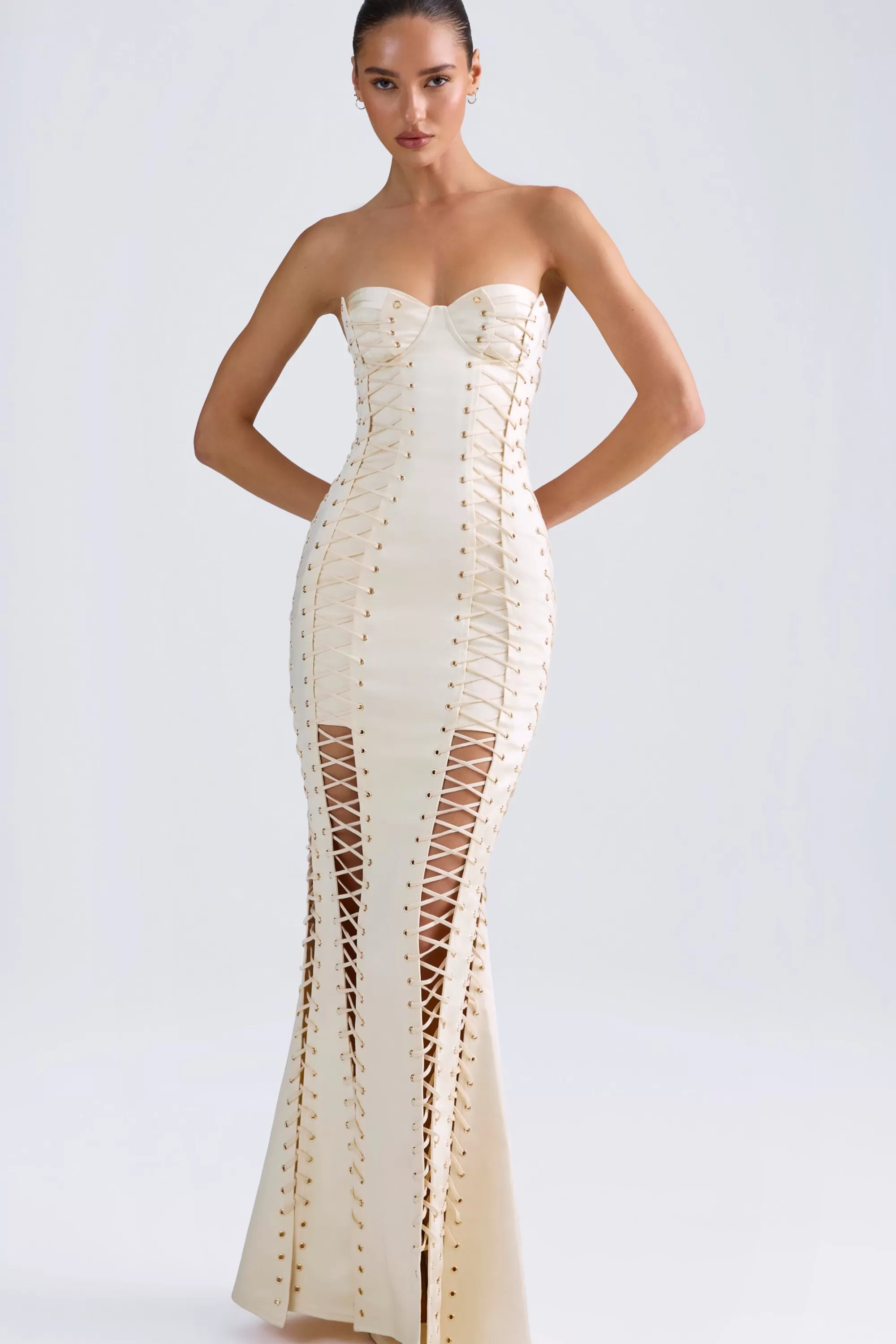 Oh Polly Lace-Up Corset Gown in Ivory Flash Sale