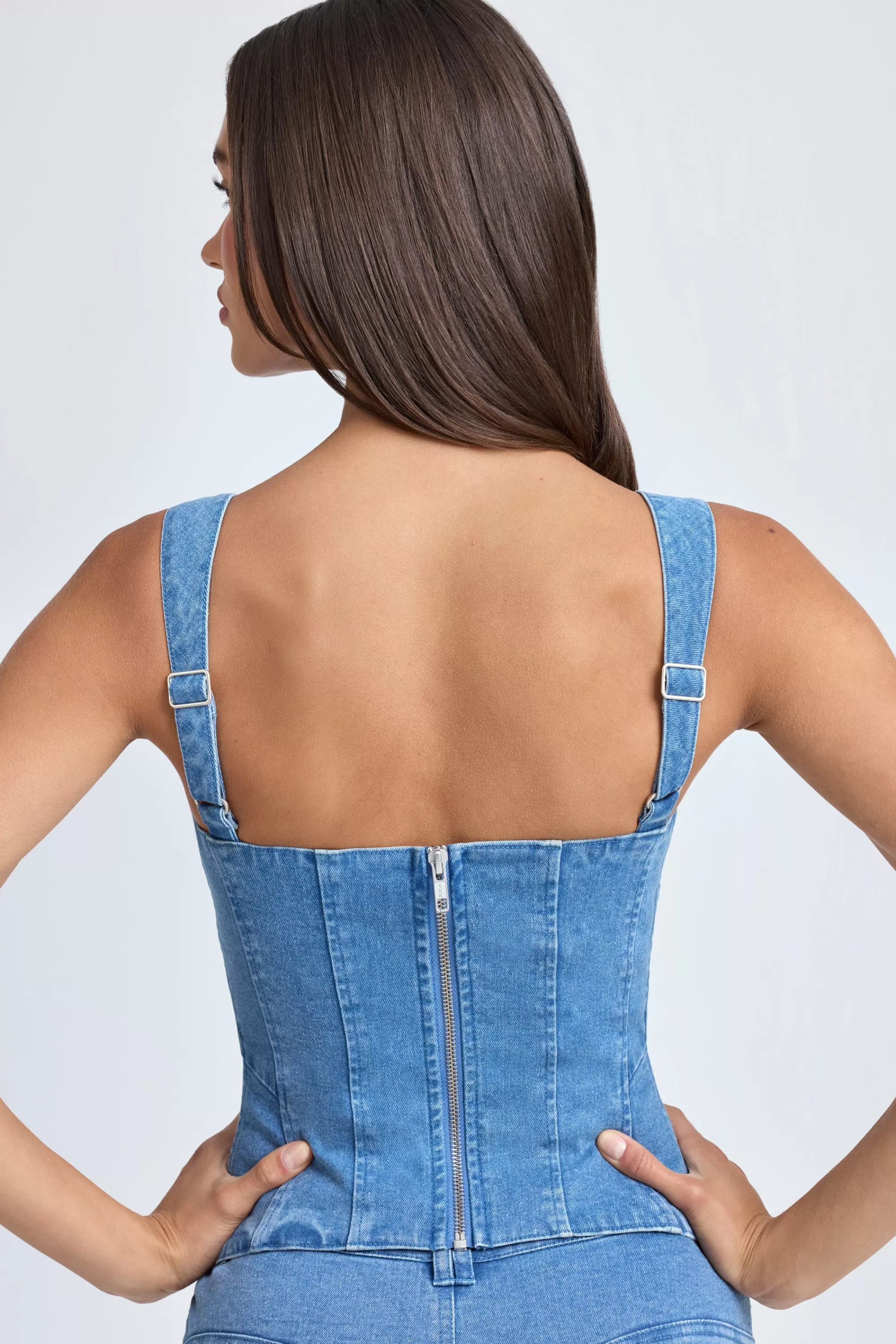 Oh Polly Lace-Up Corset Top in Mid Blue Stonewash MidBlueStonewash Fashion