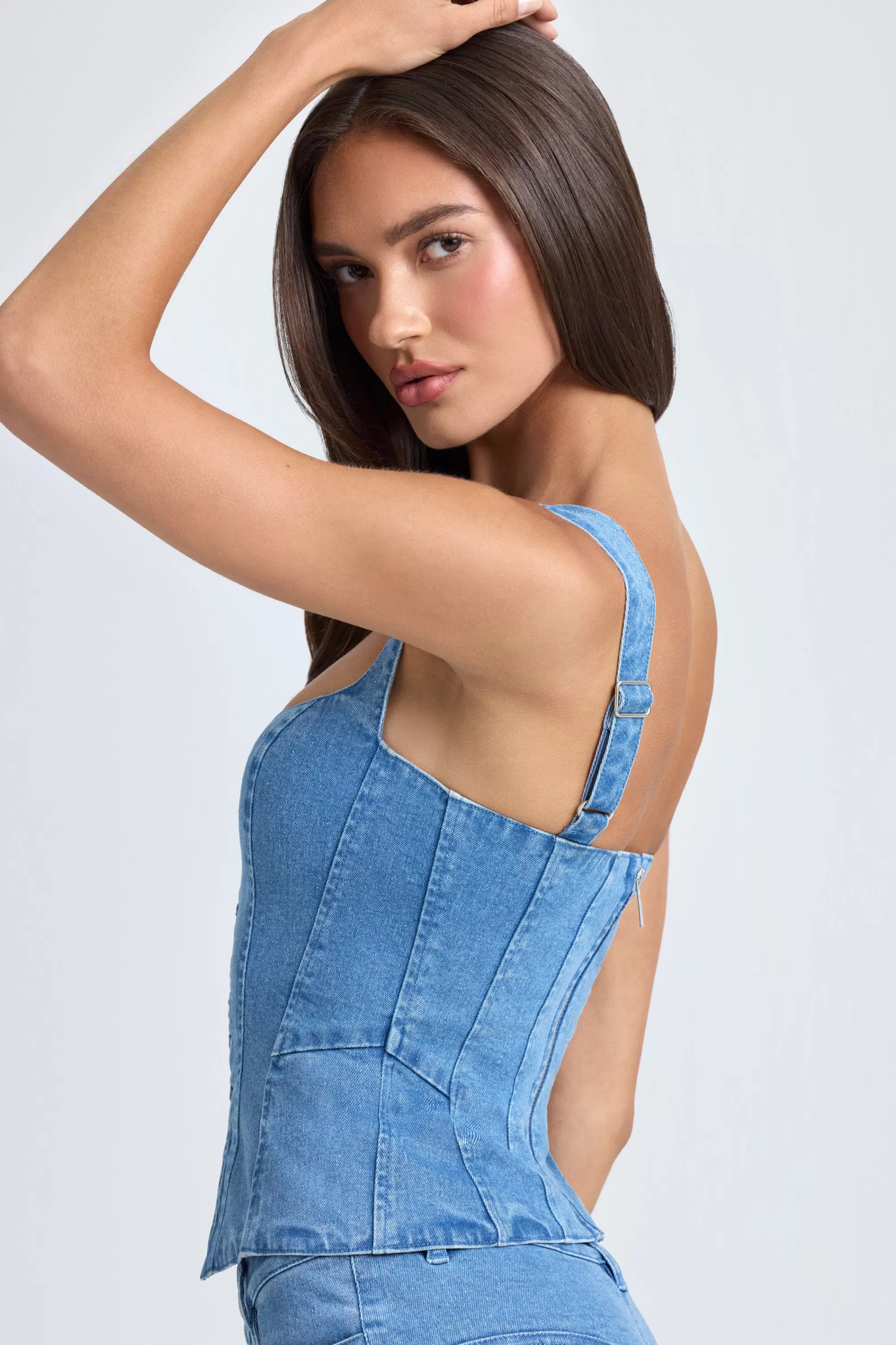 Oh Polly Lace-Up Corset Top in Mid Blue Stonewash MidBlueStonewash Fashion