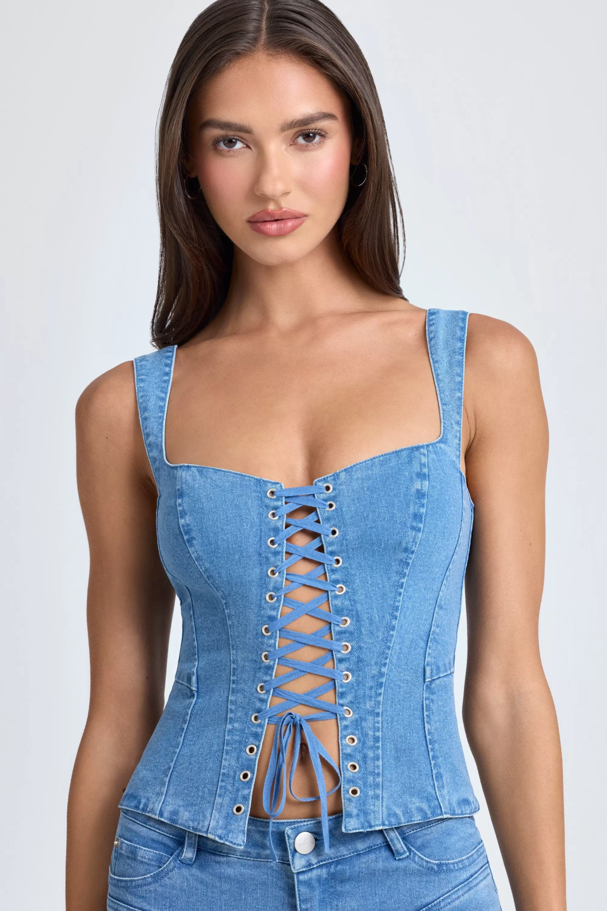 Oh Polly Lace-Up Corset Top in Mid Blue Stonewash MidBlueStonewash Fashion