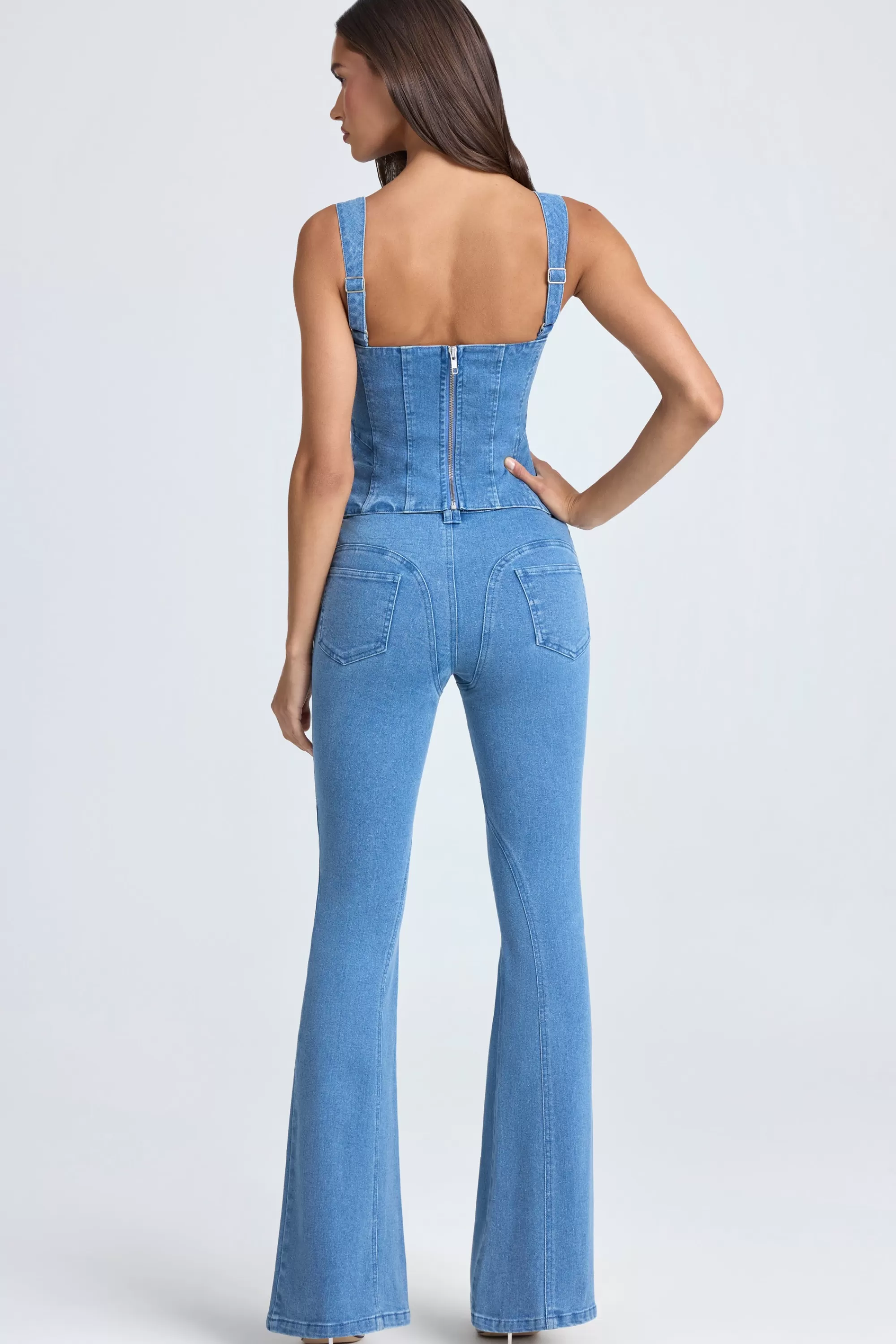 Oh Polly Lace-Up Corset Top in Mid Blue Stonewash MidBlueStonewash Fashion