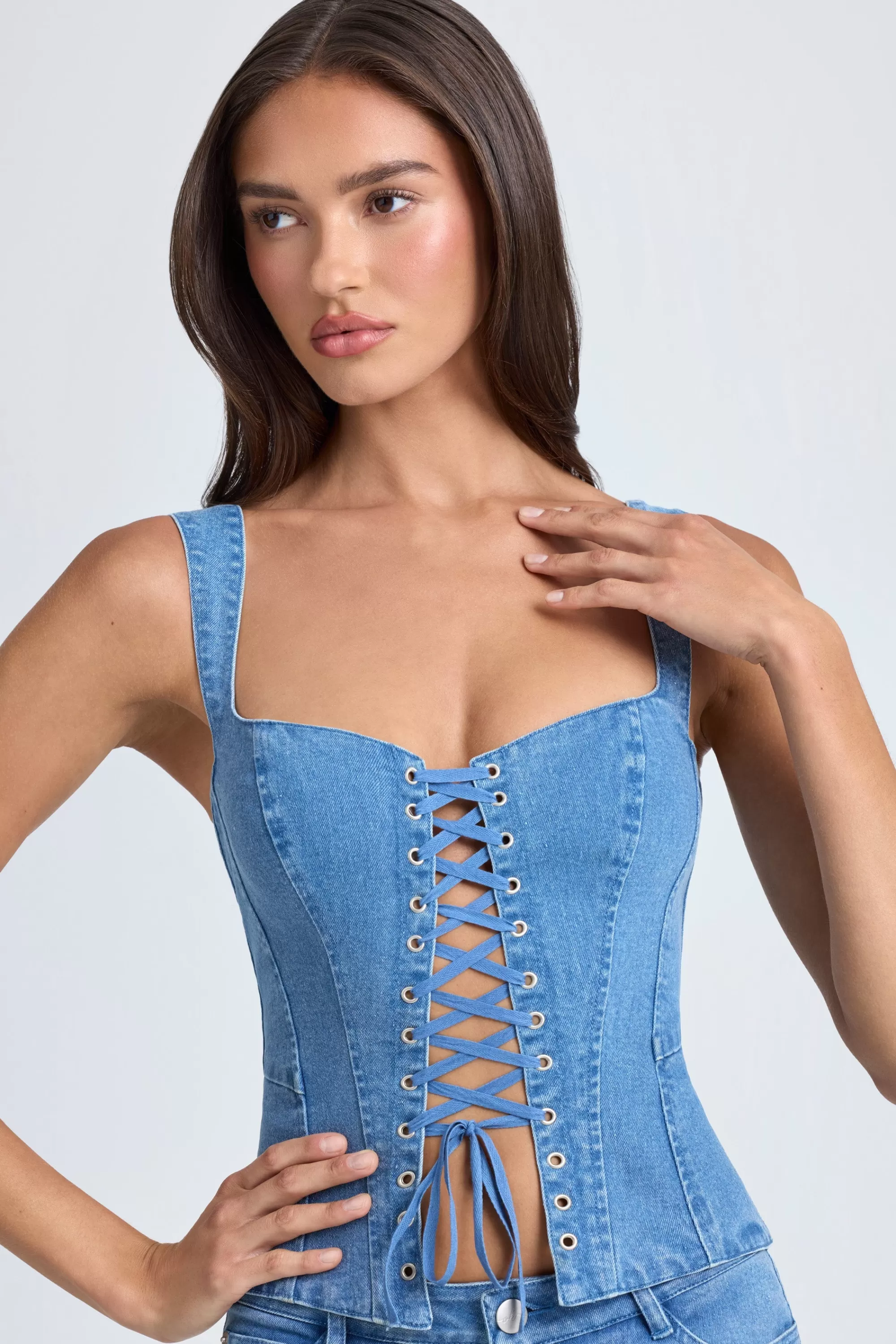 Oh Polly Lace-Up Corset Top in Mid Blue Stonewash MidBlueStonewash Fashion