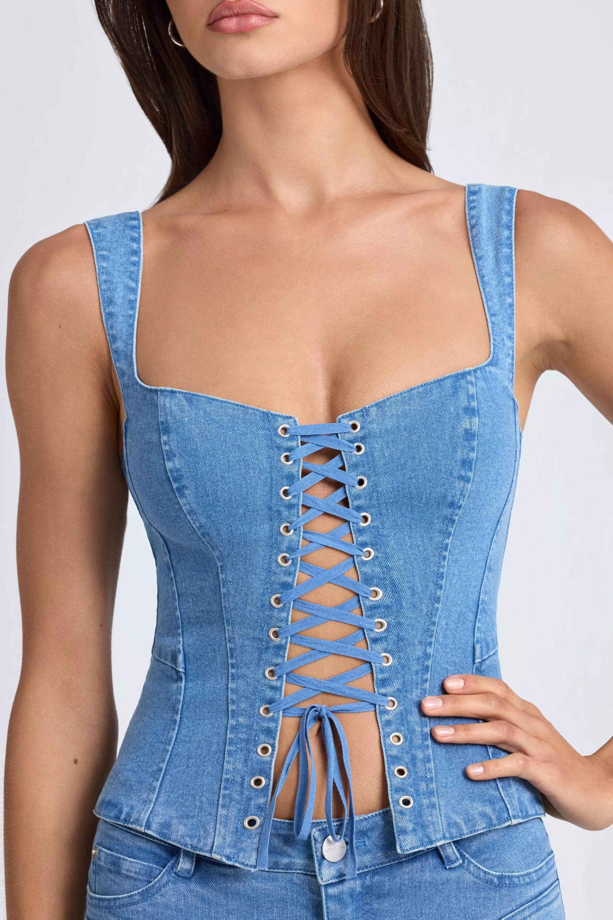 Oh Polly Lace-Up Corset Top in Mid Blue Stonewash MidBlueStonewash Fashion