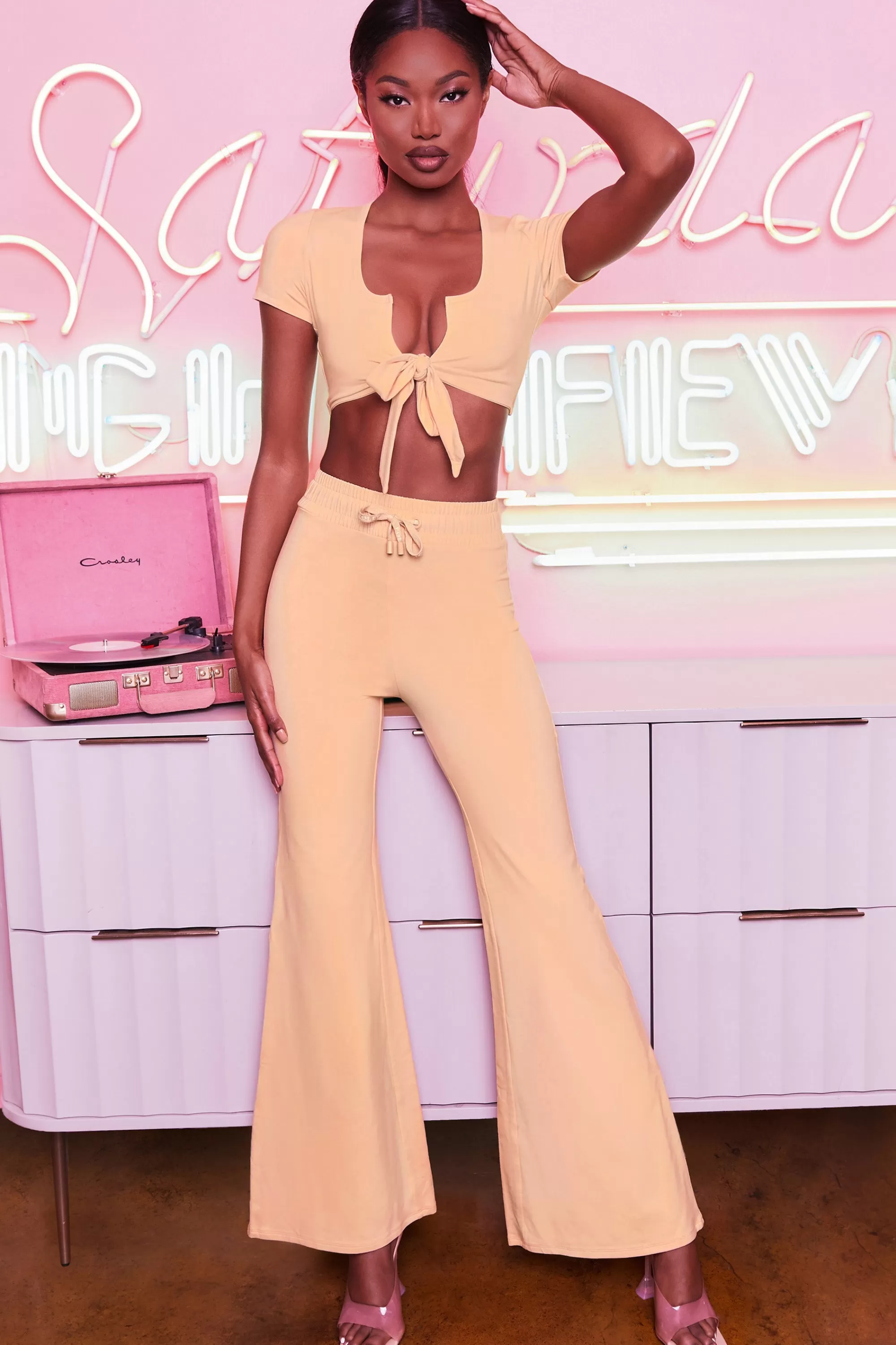 Oh Polly Laid Back Wide Leg Trousers in Peach Shop