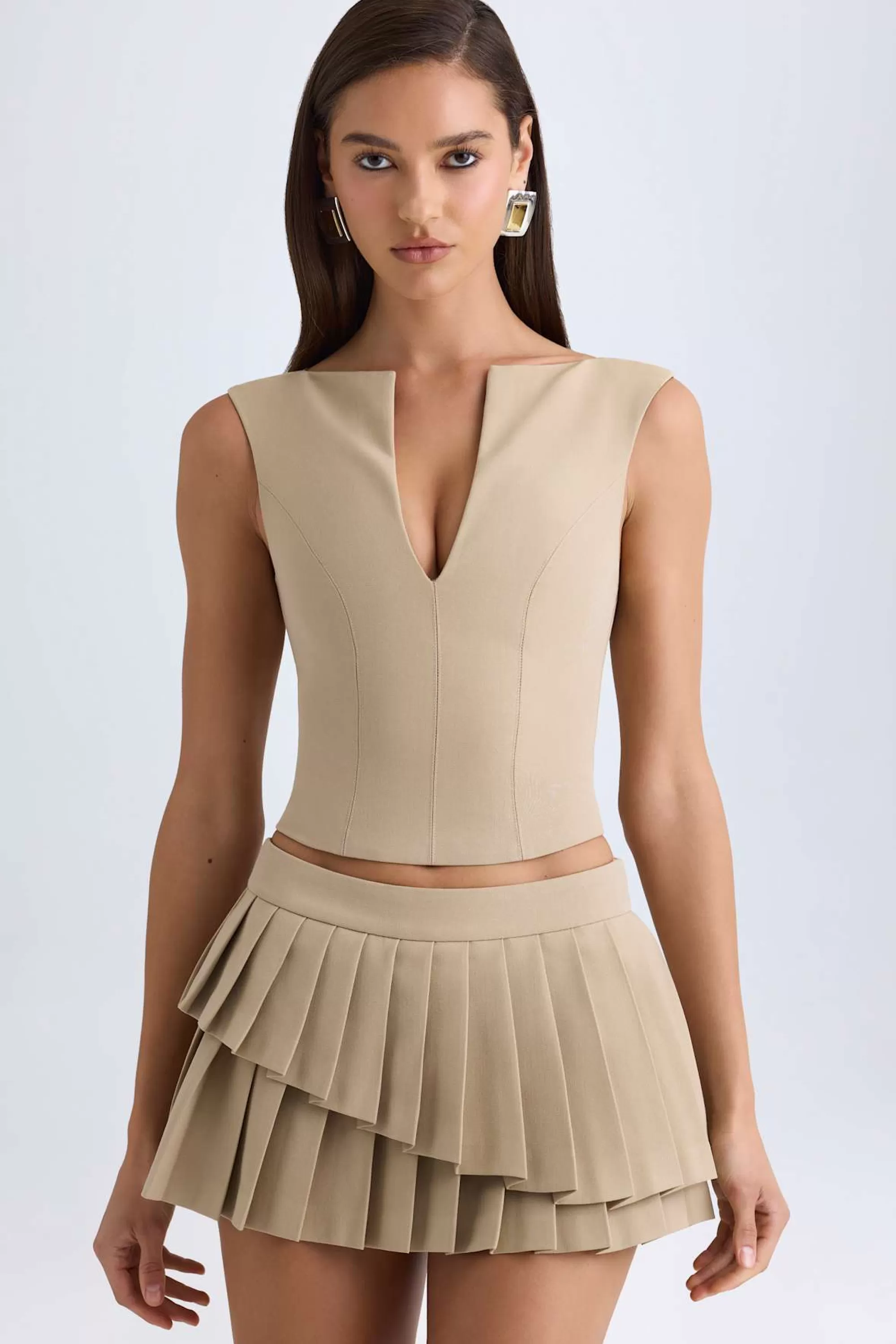 Oh Polly Layered Pleated Low-Rise Mini Skirt in Camel Store