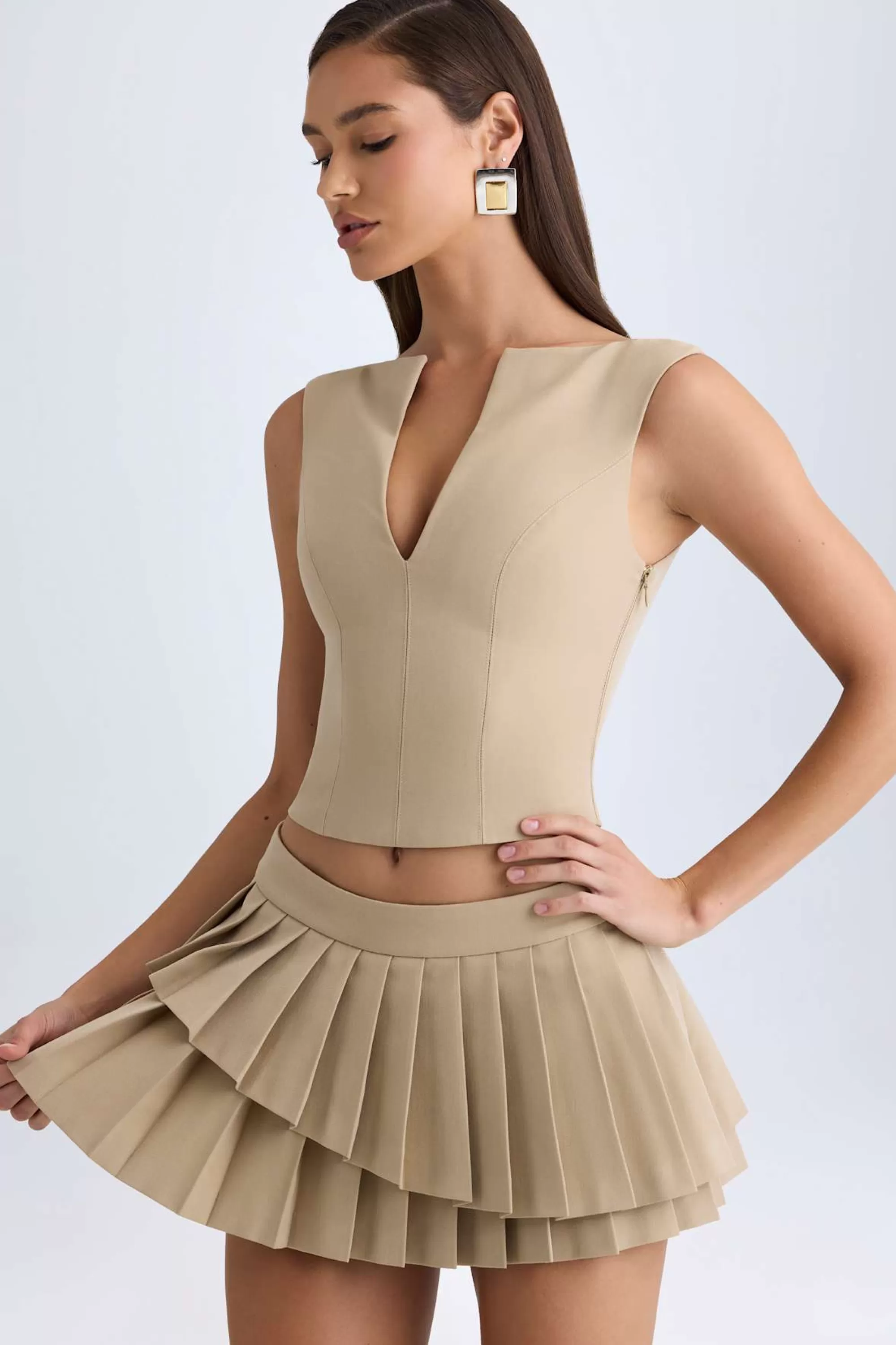 Oh Polly Layered Pleated Low-Rise Mini Skirt in Camel Store