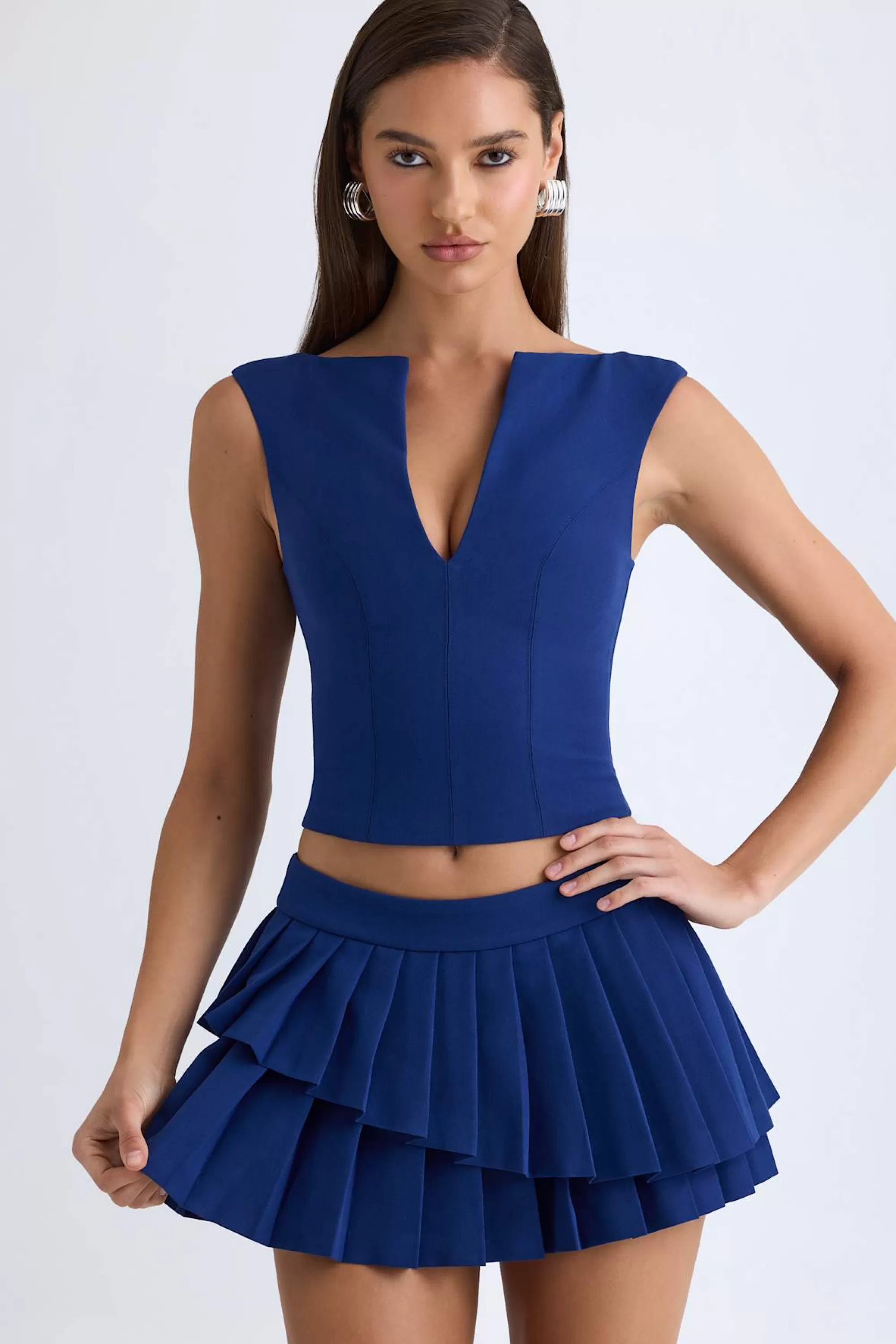 Oh Polly Layered Pleated Low-Rise Mini Skirt in True Navy TrueNavy Shop