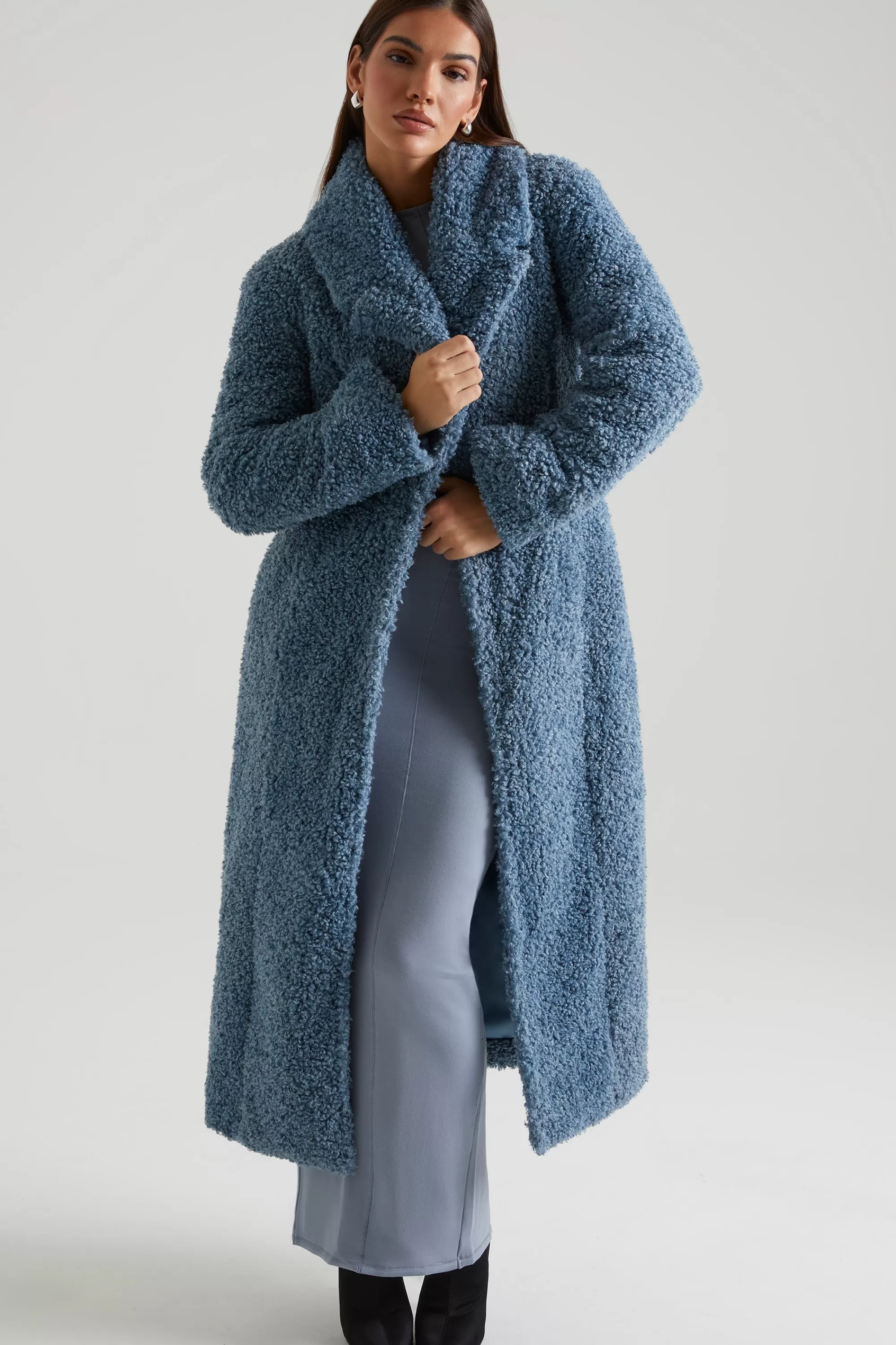 Oh Polly Long Shearling Coat in Blue Store