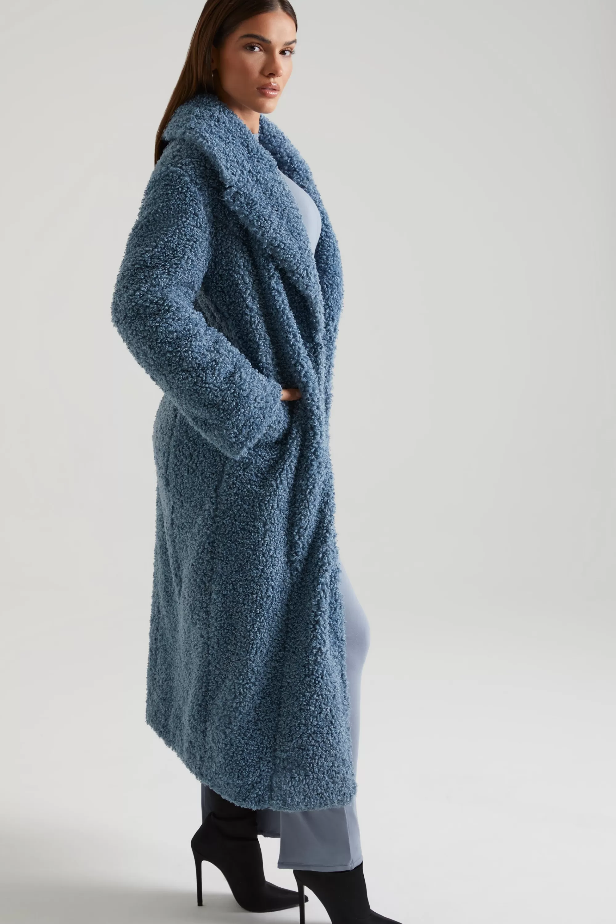 Oh Polly Long Shearling Coat in Blue Store