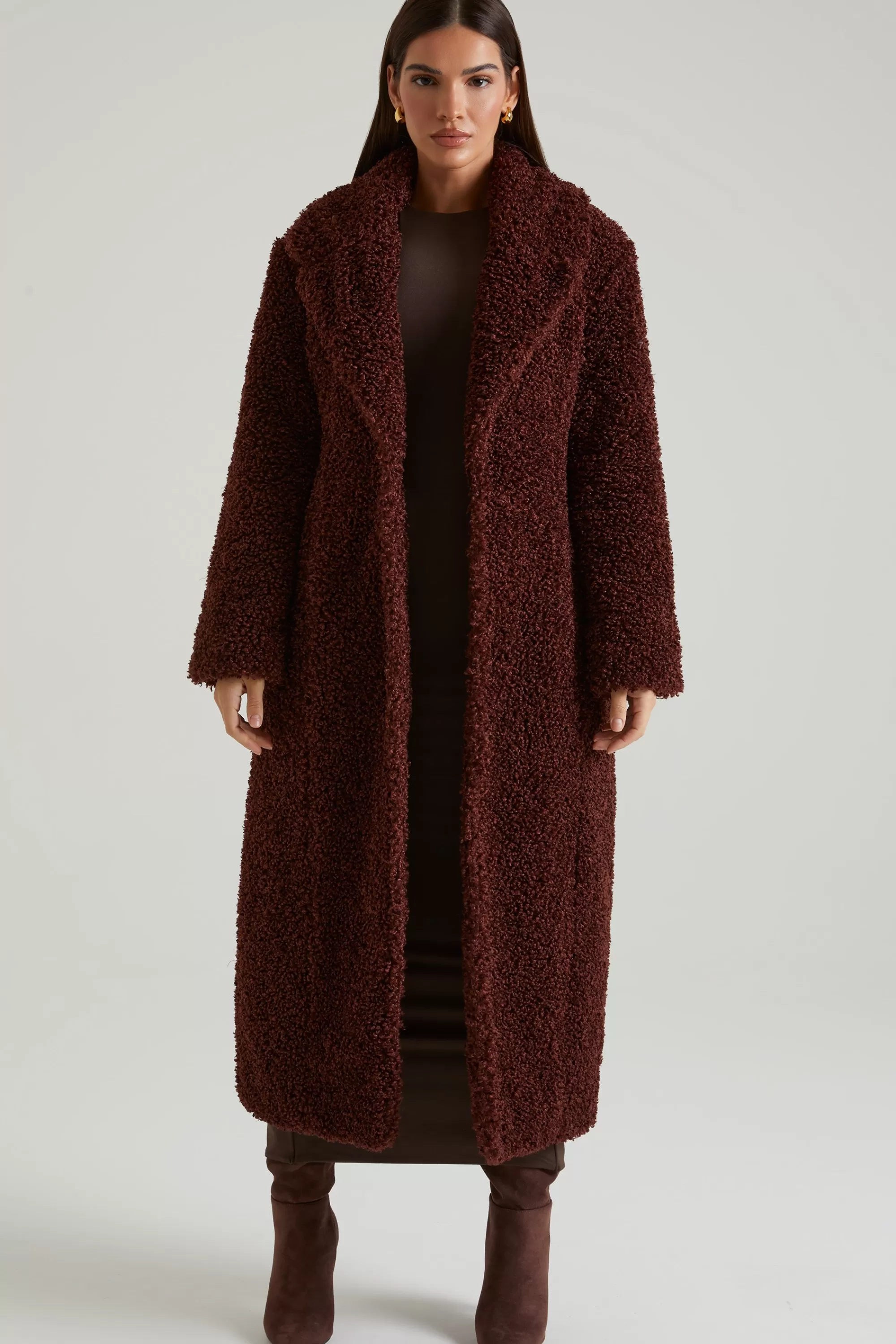 Oh Polly Long Shearling Coat in Brown Best