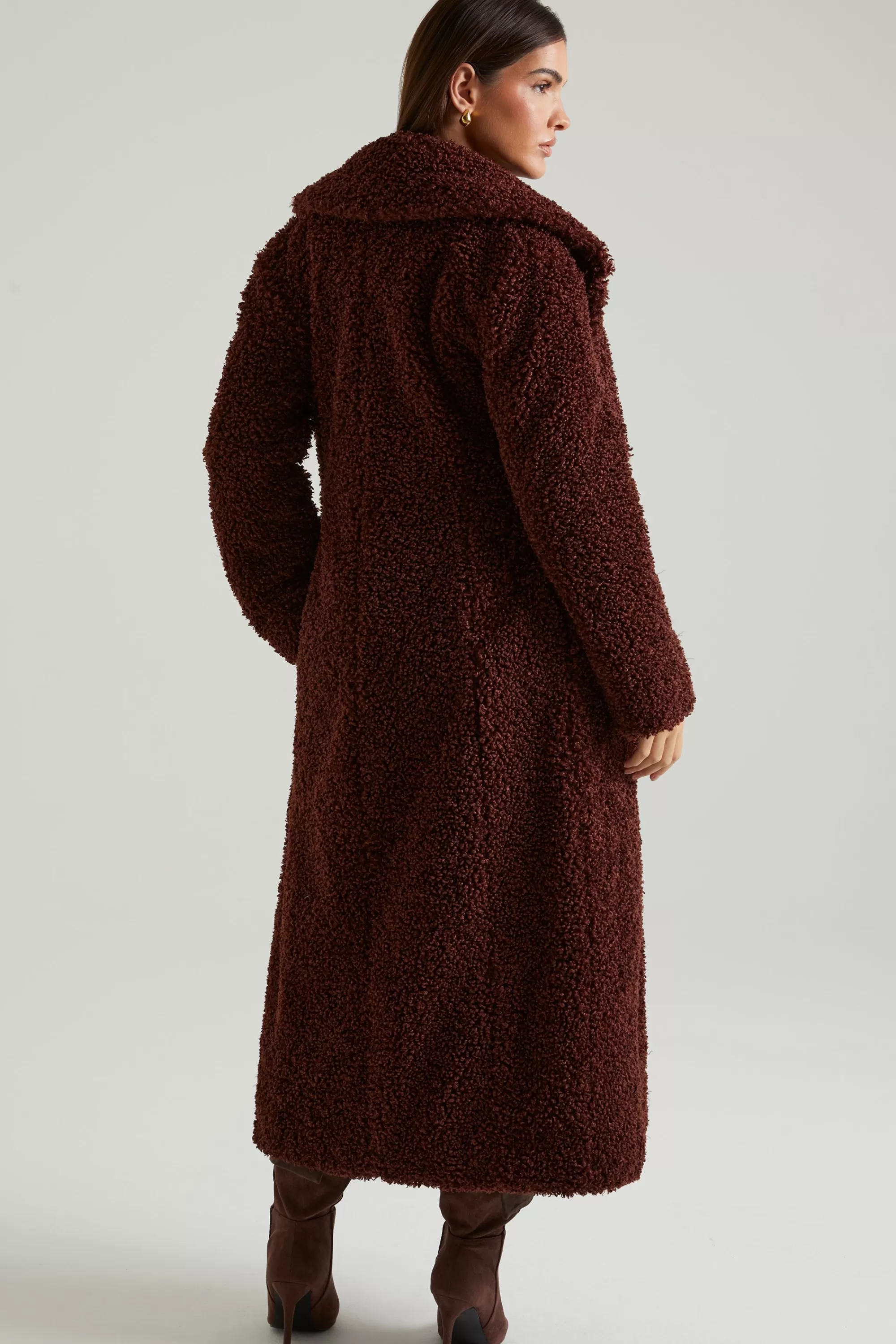 Oh Polly Long Shearling Coat in Brown Best