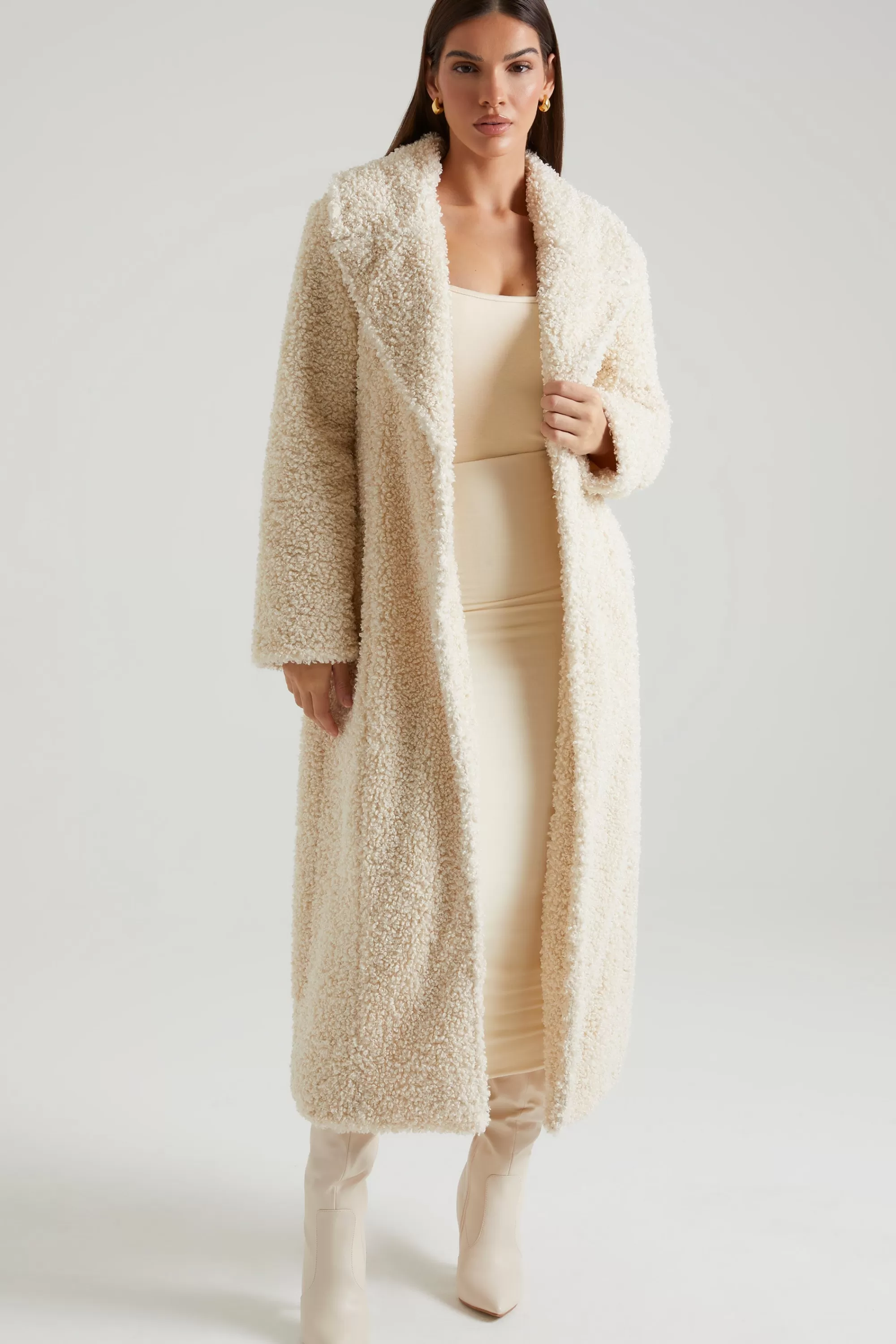 Oh Polly Long Shearling Coat in Cream Online