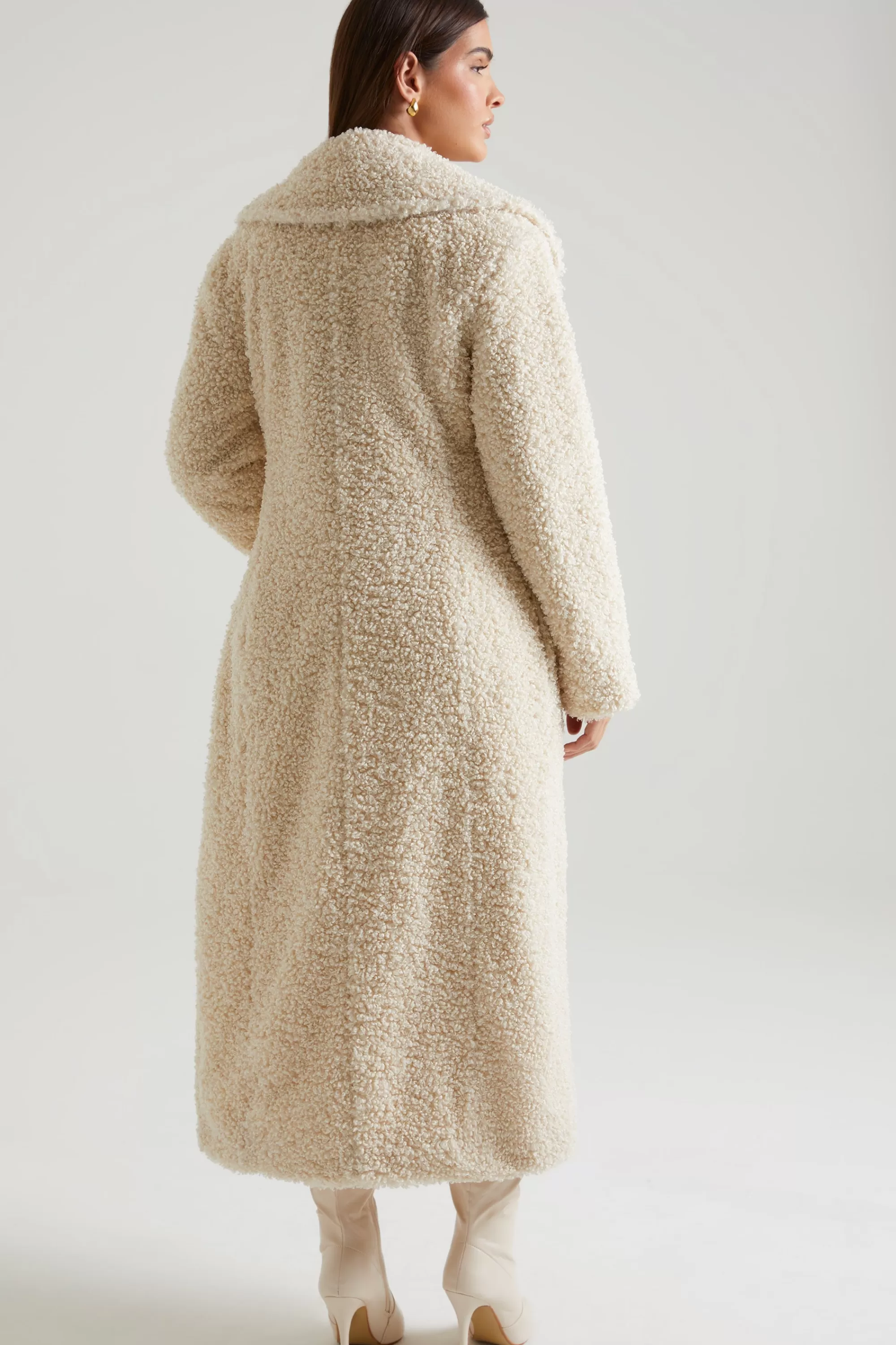 Oh Polly Long Shearling Coat in Cream Online