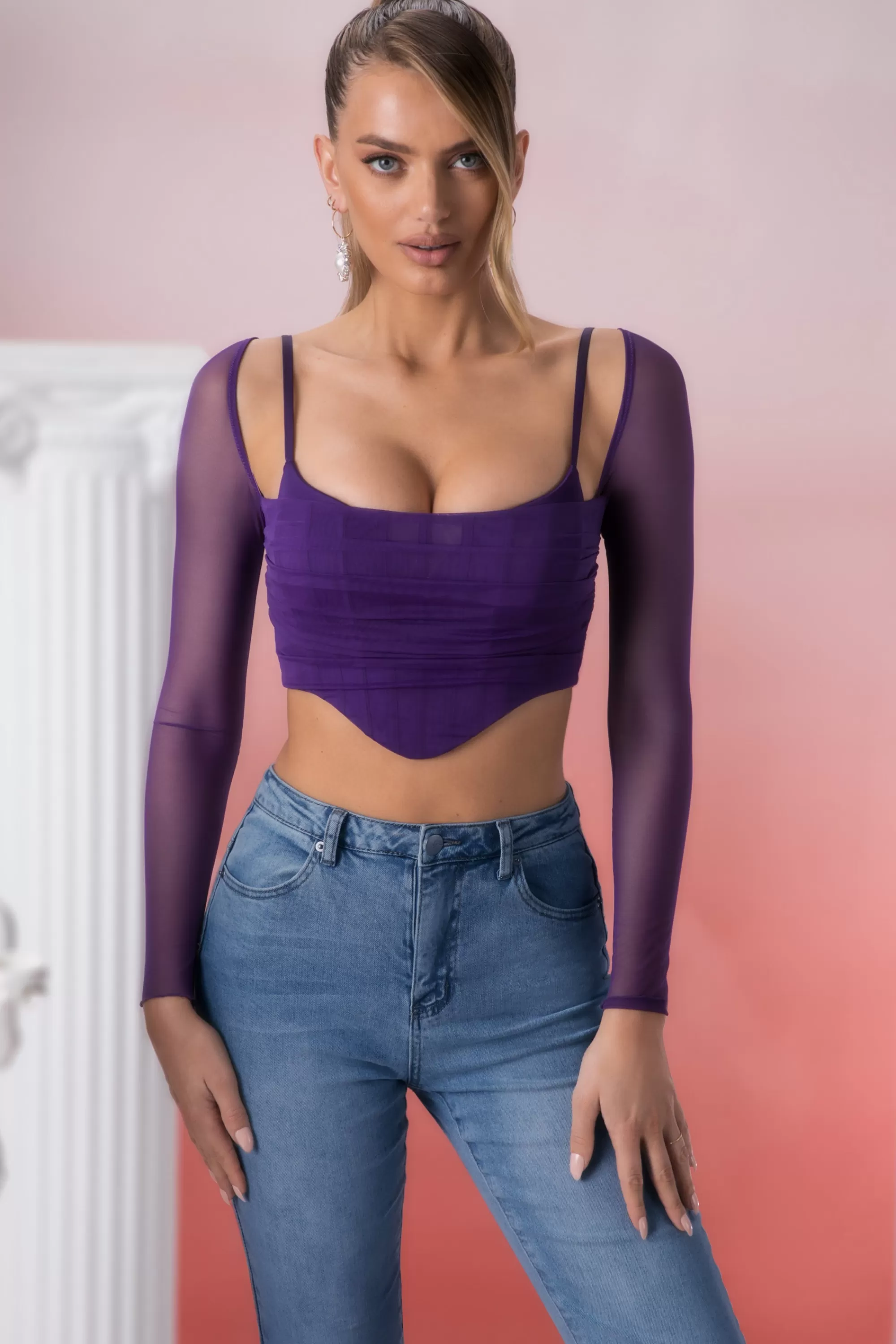 Oh Polly Long Sleeve Crop Top in Violet Shop