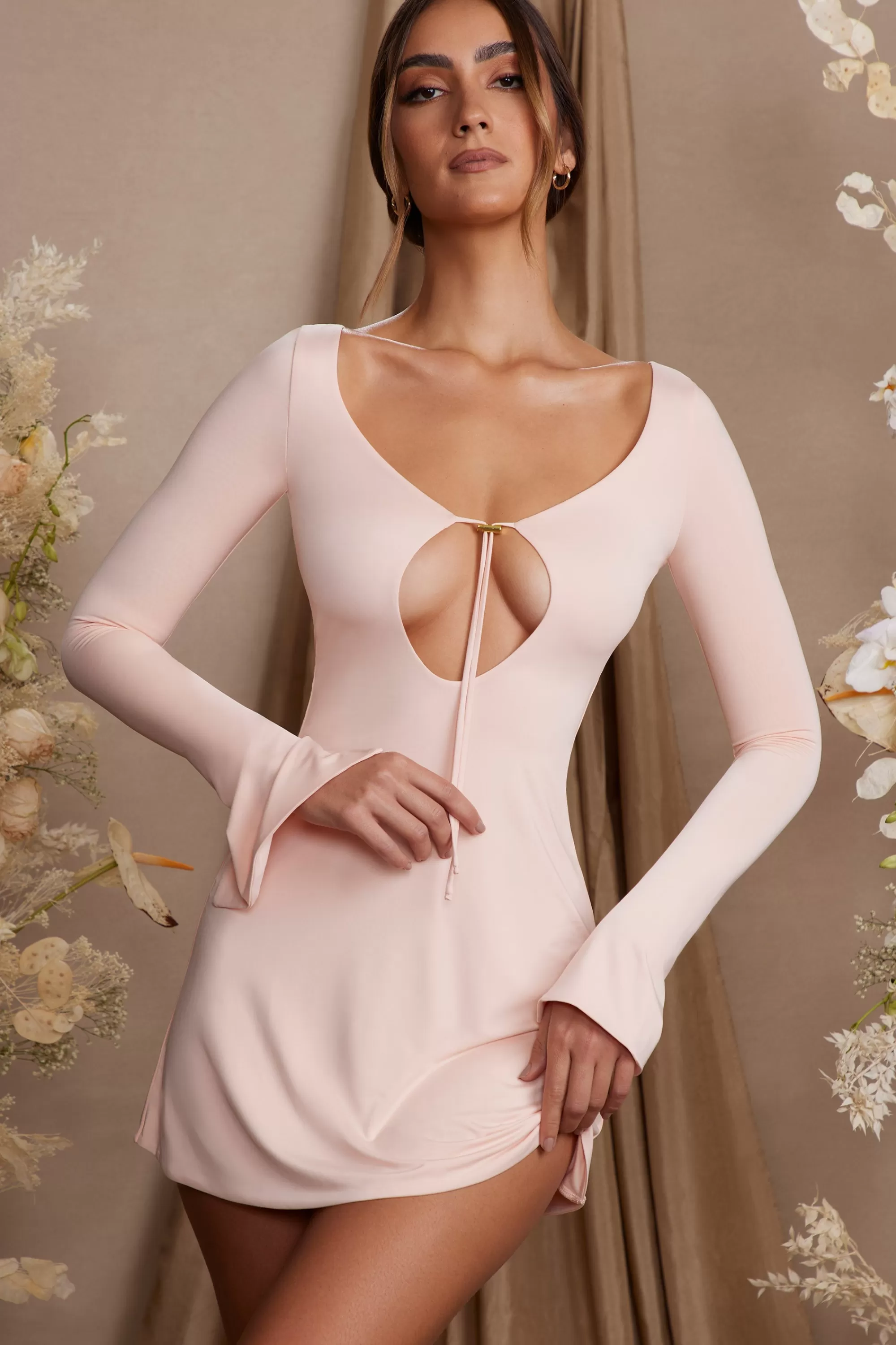 Oh Polly Long Sleeve Cut Out A-Line Mini Dress in Blush New