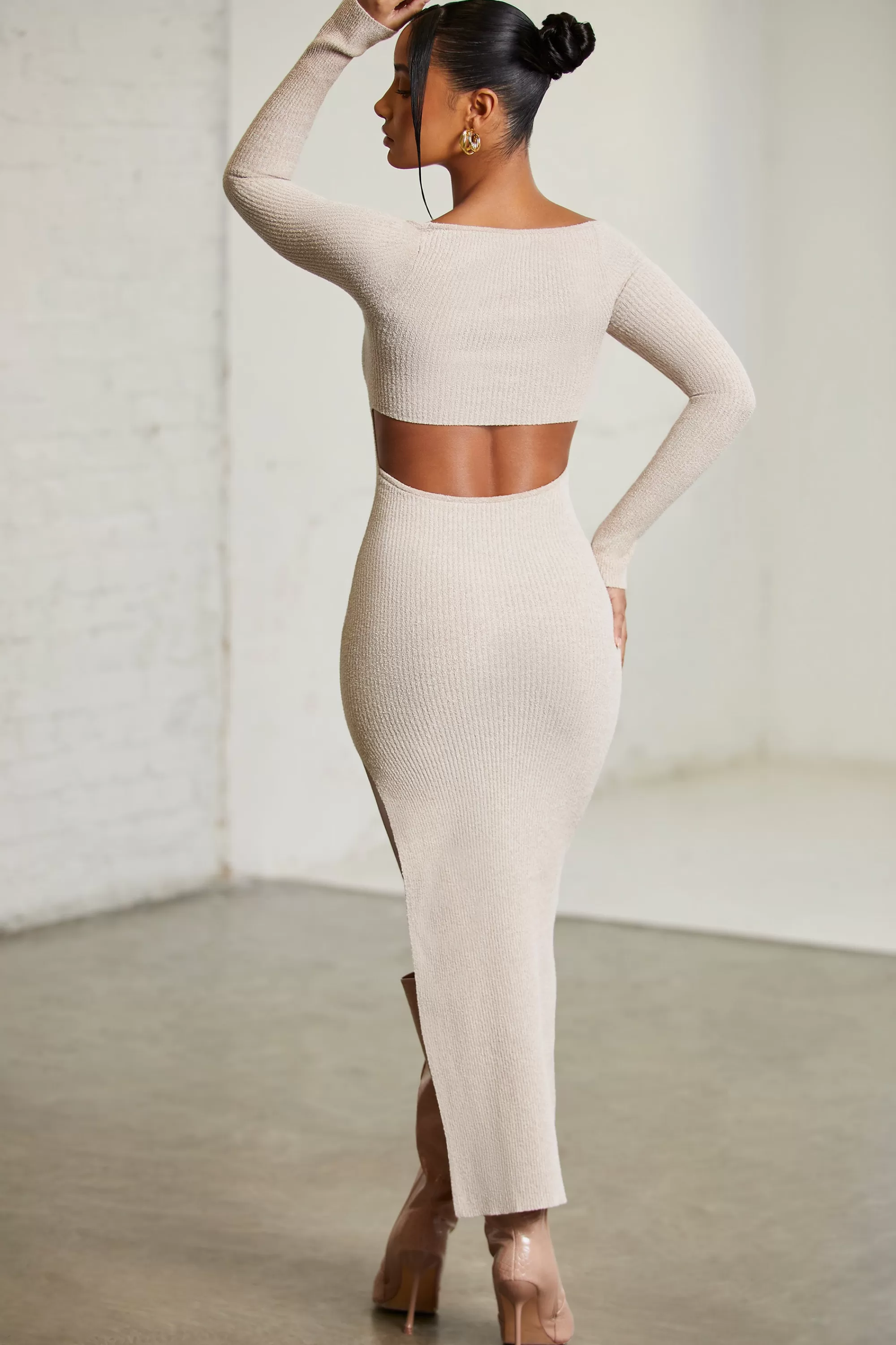 Oh Polly Long Sleeve Cut Out Maxi Dress in Beige Hot