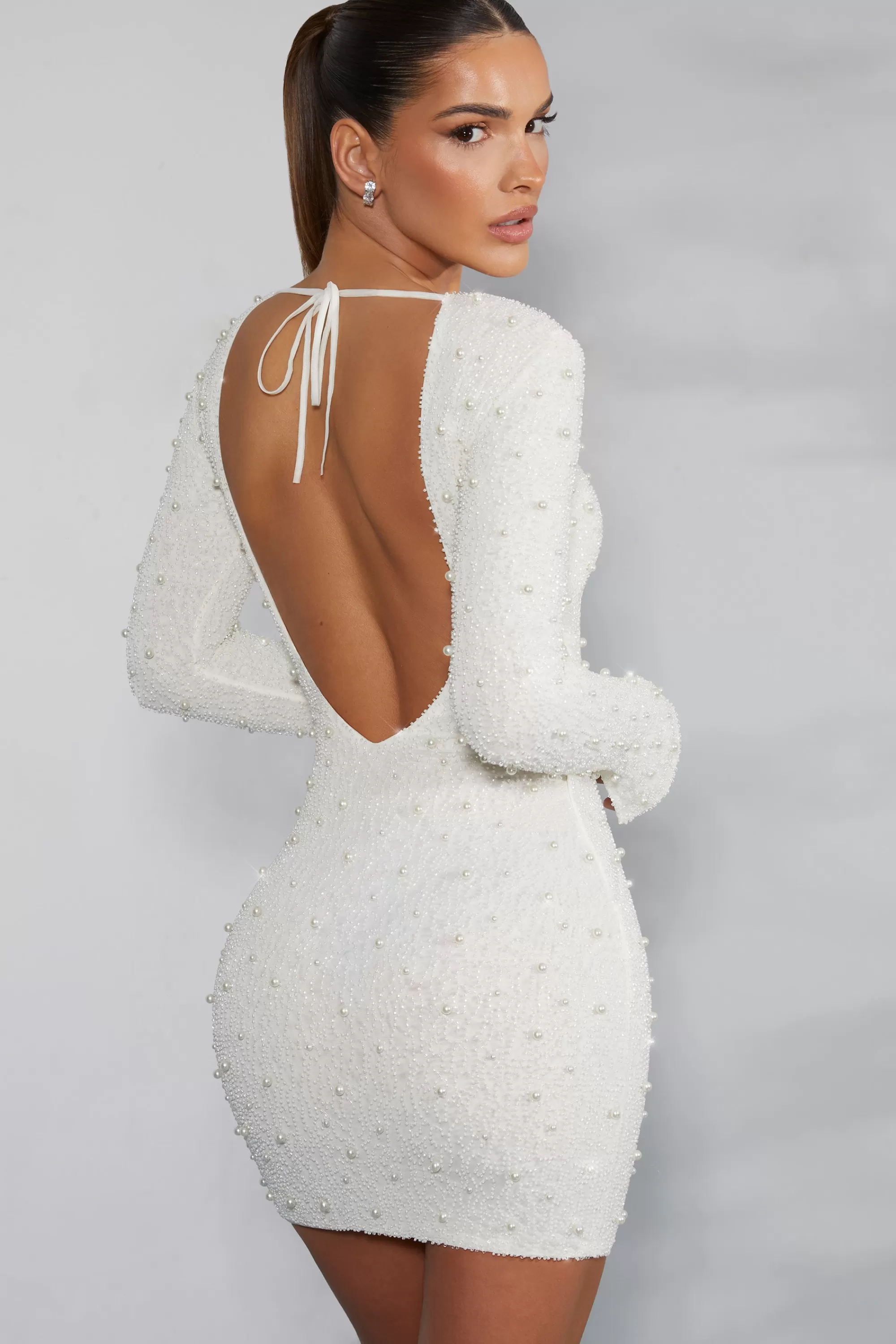 Oh Polly Long Sleeve Embellished Backless Mini Dress in Ivory Best