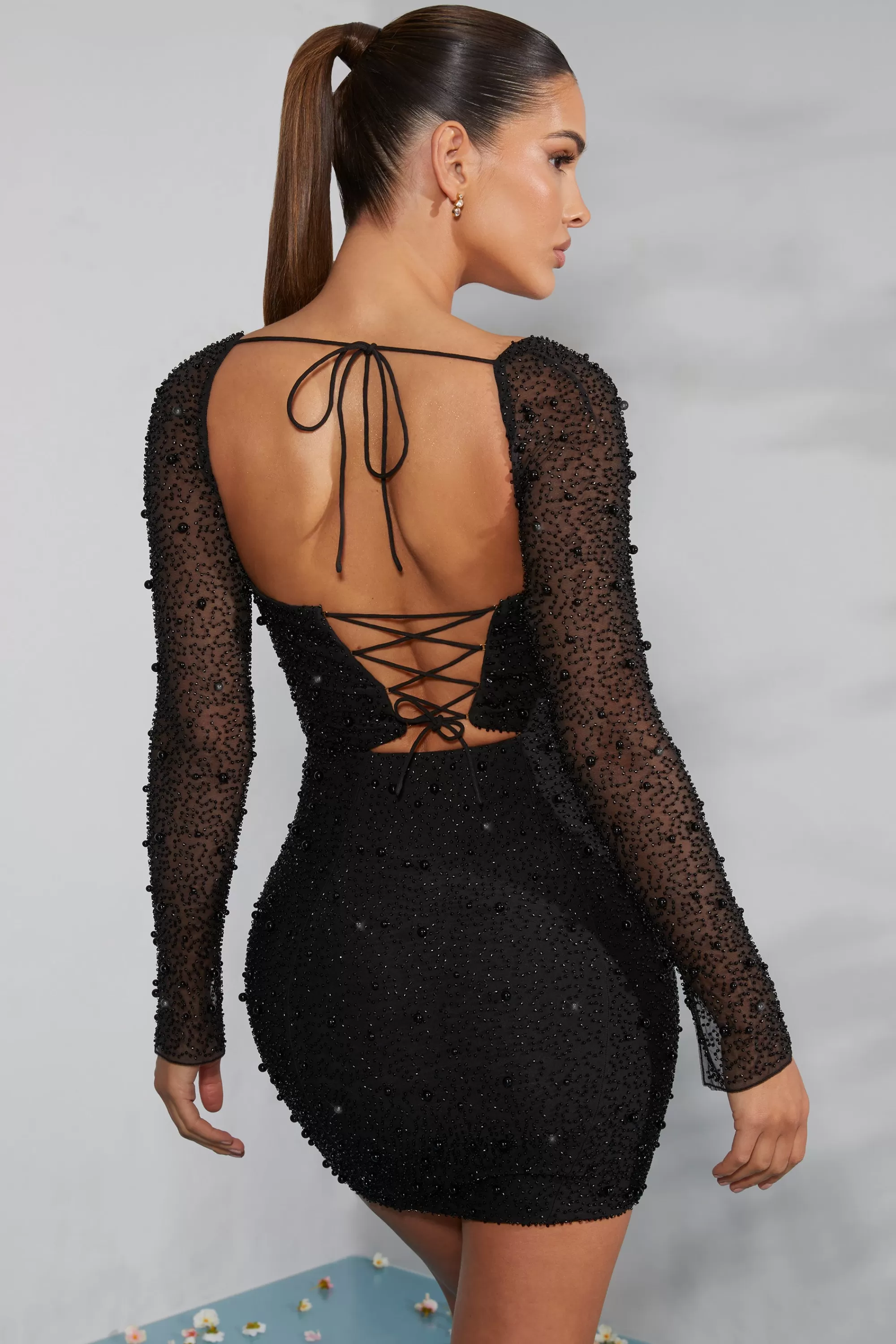 Oh Polly Long Sleeve Embellished Corset Mini Dress in Black Store