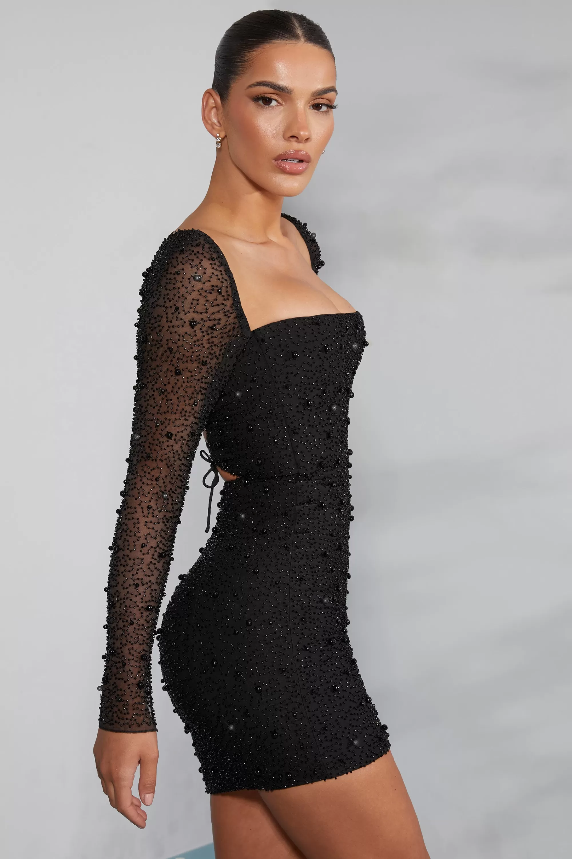 Oh Polly Long Sleeve Embellished Corset Mini Dress in Black Store