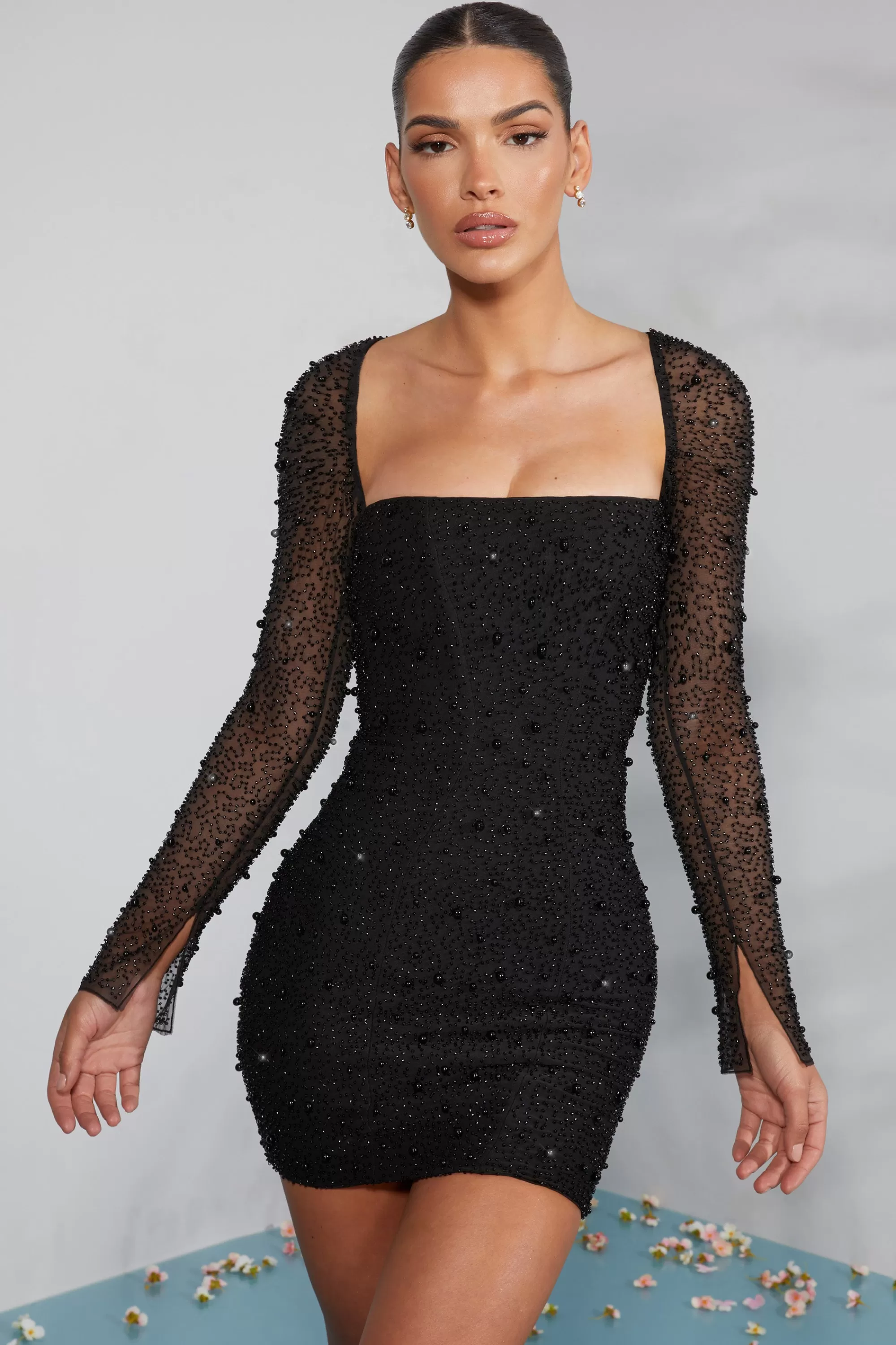 Oh Polly Long Sleeve Embellished Corset Mini Dress in Black Store