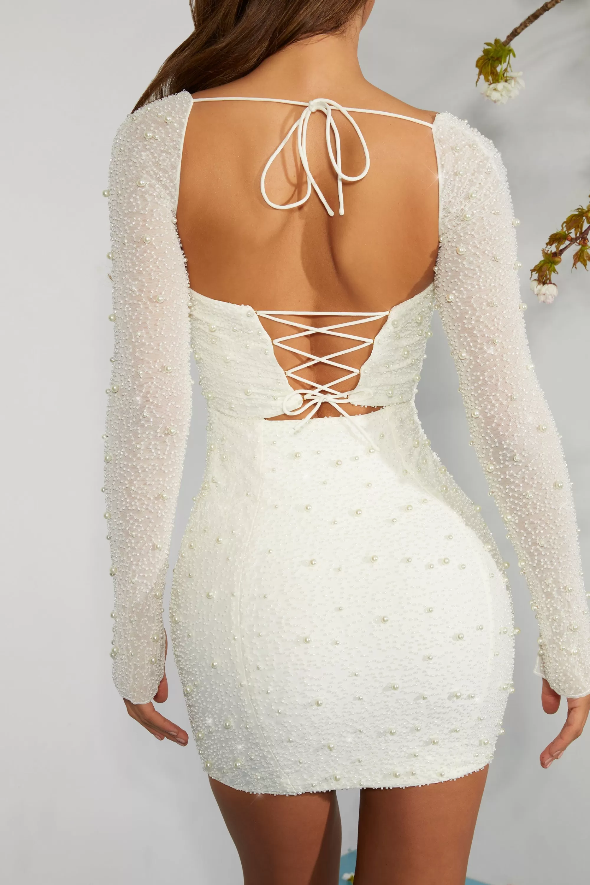 Oh Polly Long Sleeve Embellished Corset Mini Dress in Ivory Discount