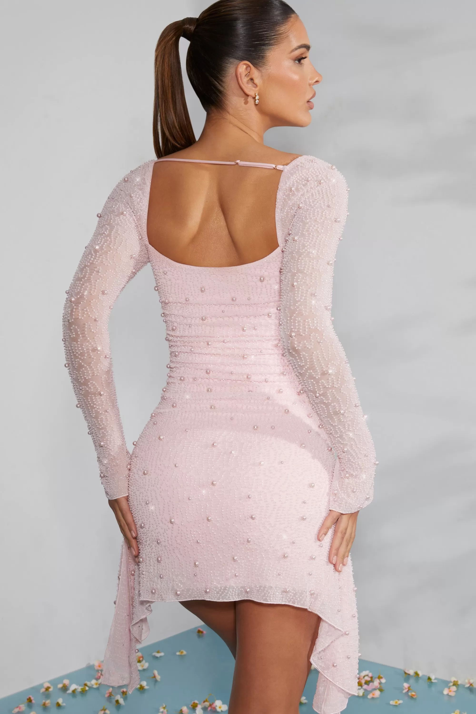 Oh Polly Long Sleeve Embellished Cowl Neck Mini Dress in Blush Discount