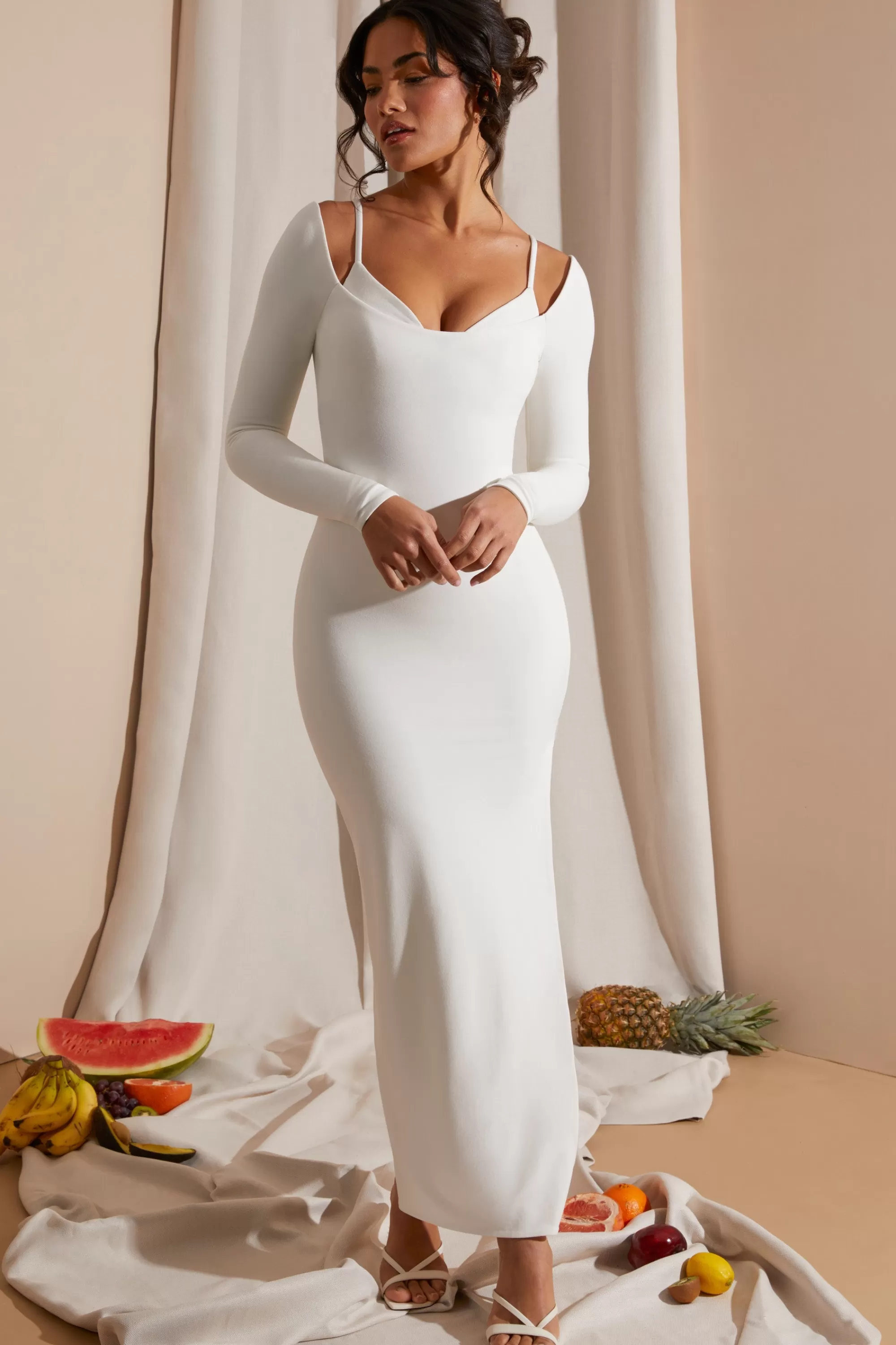 Oh Polly Long Sleeve Exposed Bra Maxi Dress in White Cheap