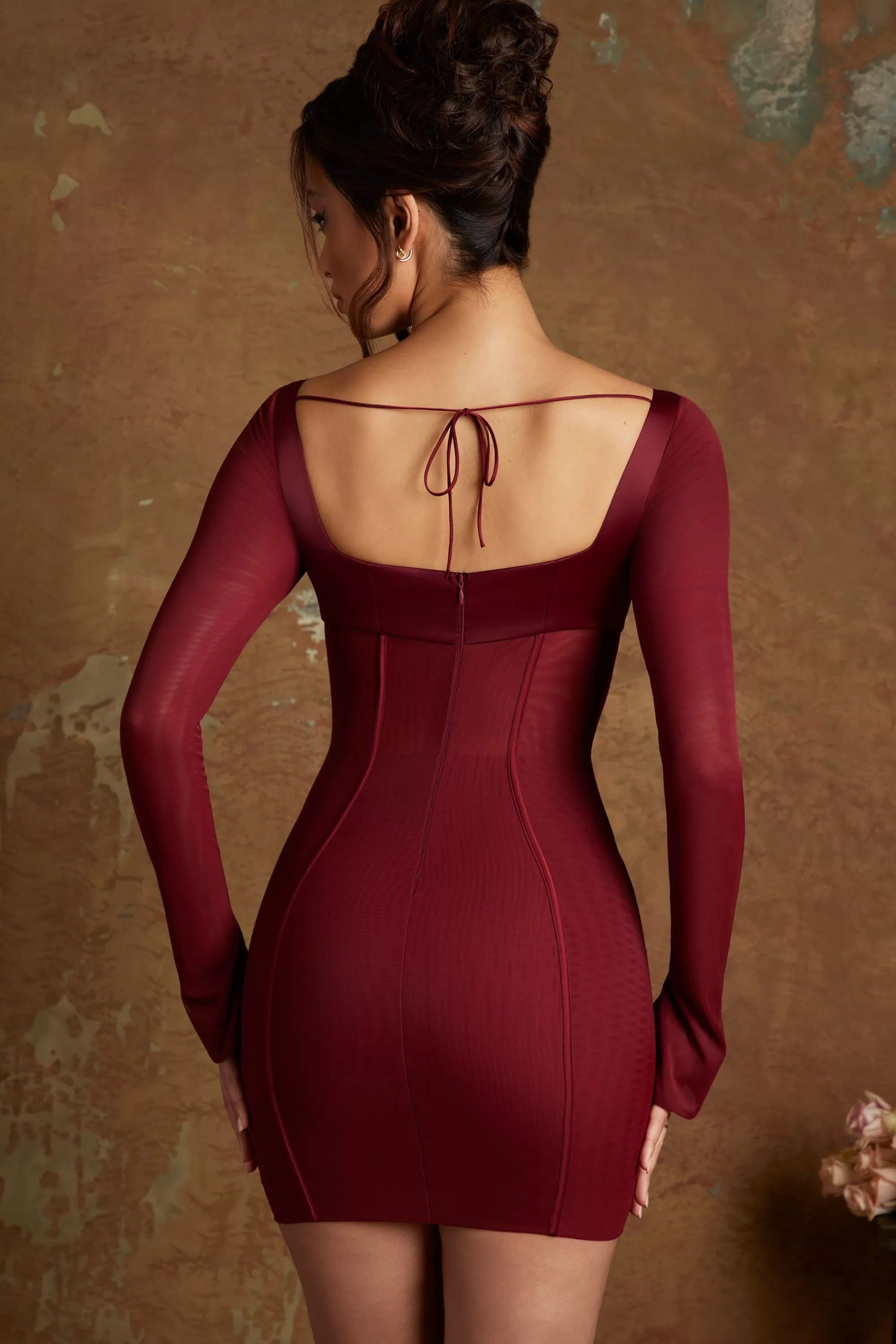 Oh Polly Long Sleeve Lace Up Corset Micro Mini Dress in Wine Outlet