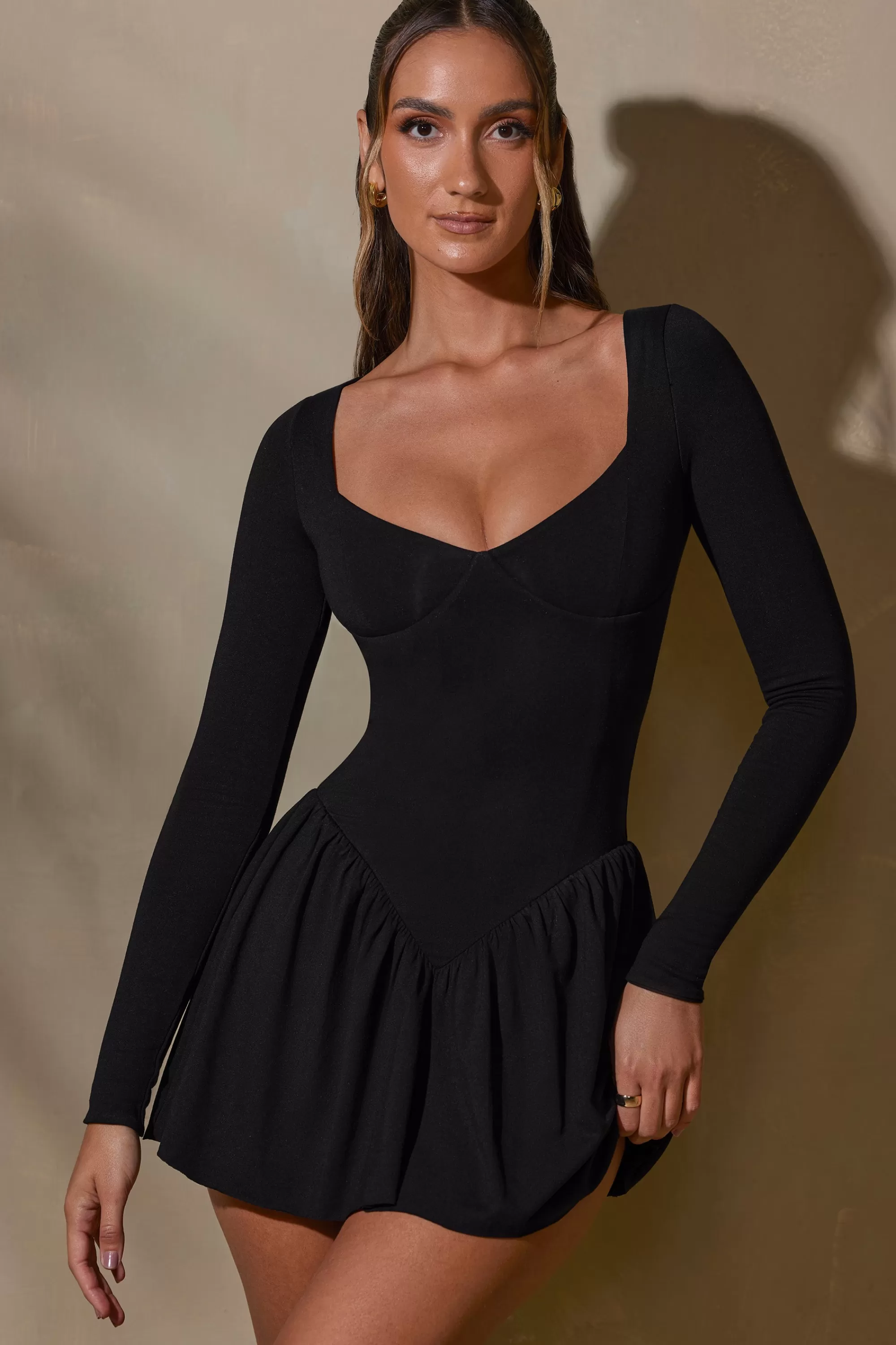 Oh Polly Long Sleeve Layered A-Line Mini Dress in Black Cheap