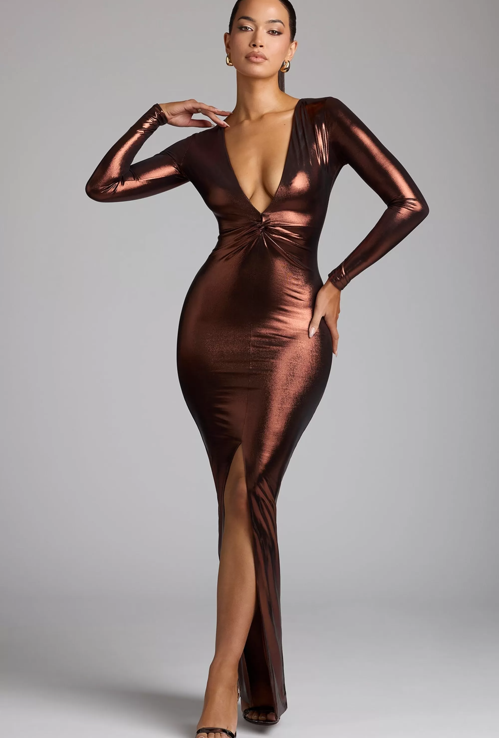 Oh Polly Long Sleeve Metallic Jersey Evening Gown in Copper Bronze CopperBronze Fashion