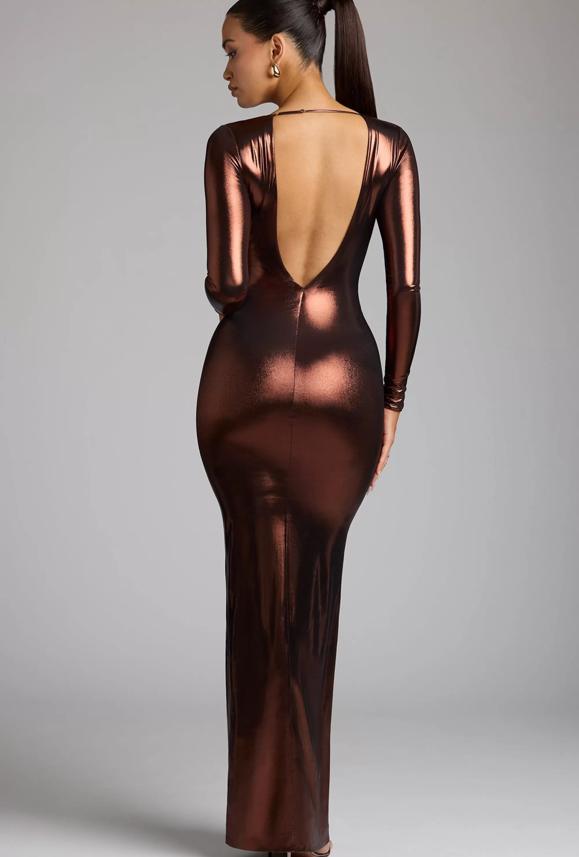 Oh Polly Long Sleeve Metallic Jersey Evening Gown in Copper Bronze CopperBronze Fashion