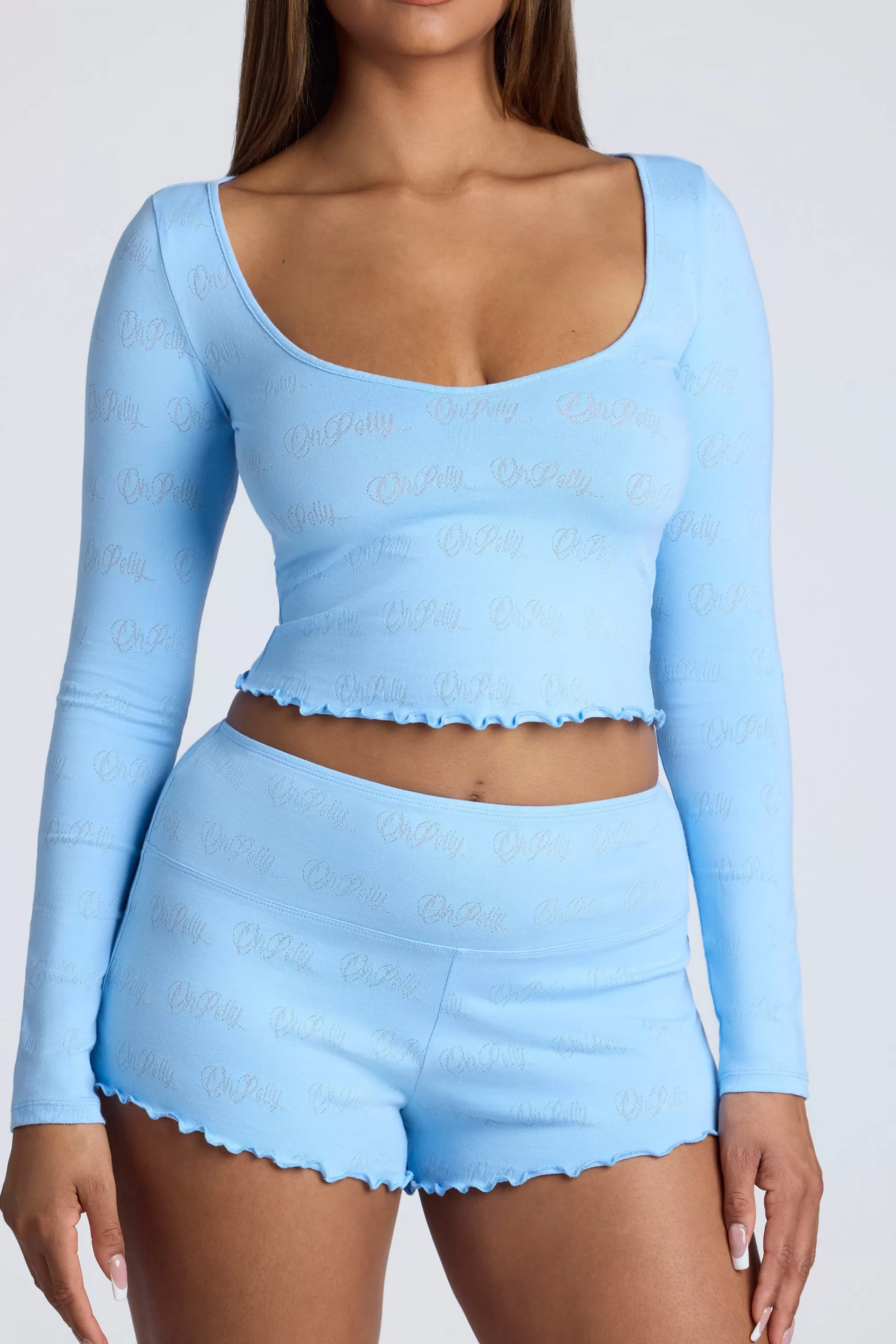 Oh Polly Long Sleeve Scoop Neck Pointelle Crop Top in Baby Blue BabyBlue Shop