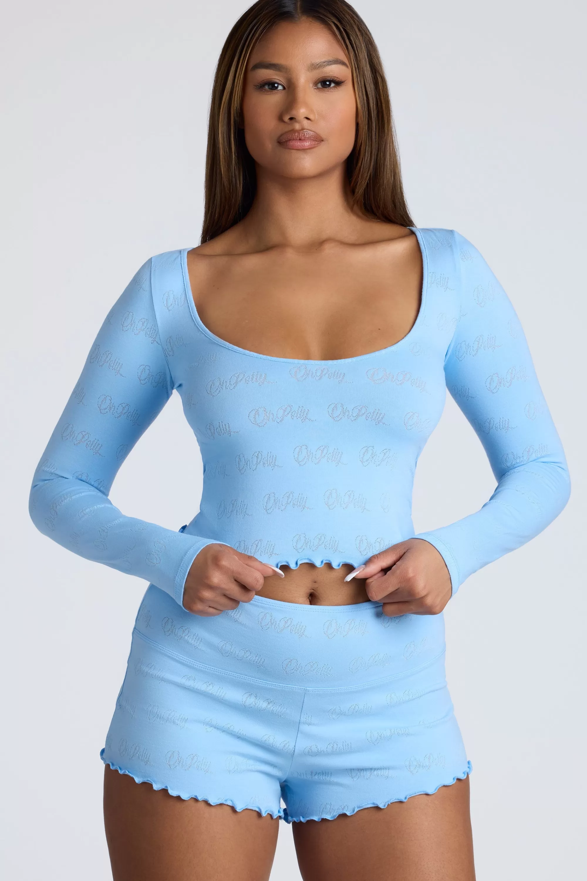 Oh Polly Long Sleeve Scoop Neck Pointelle Crop Top in Baby Blue BabyBlue Shop