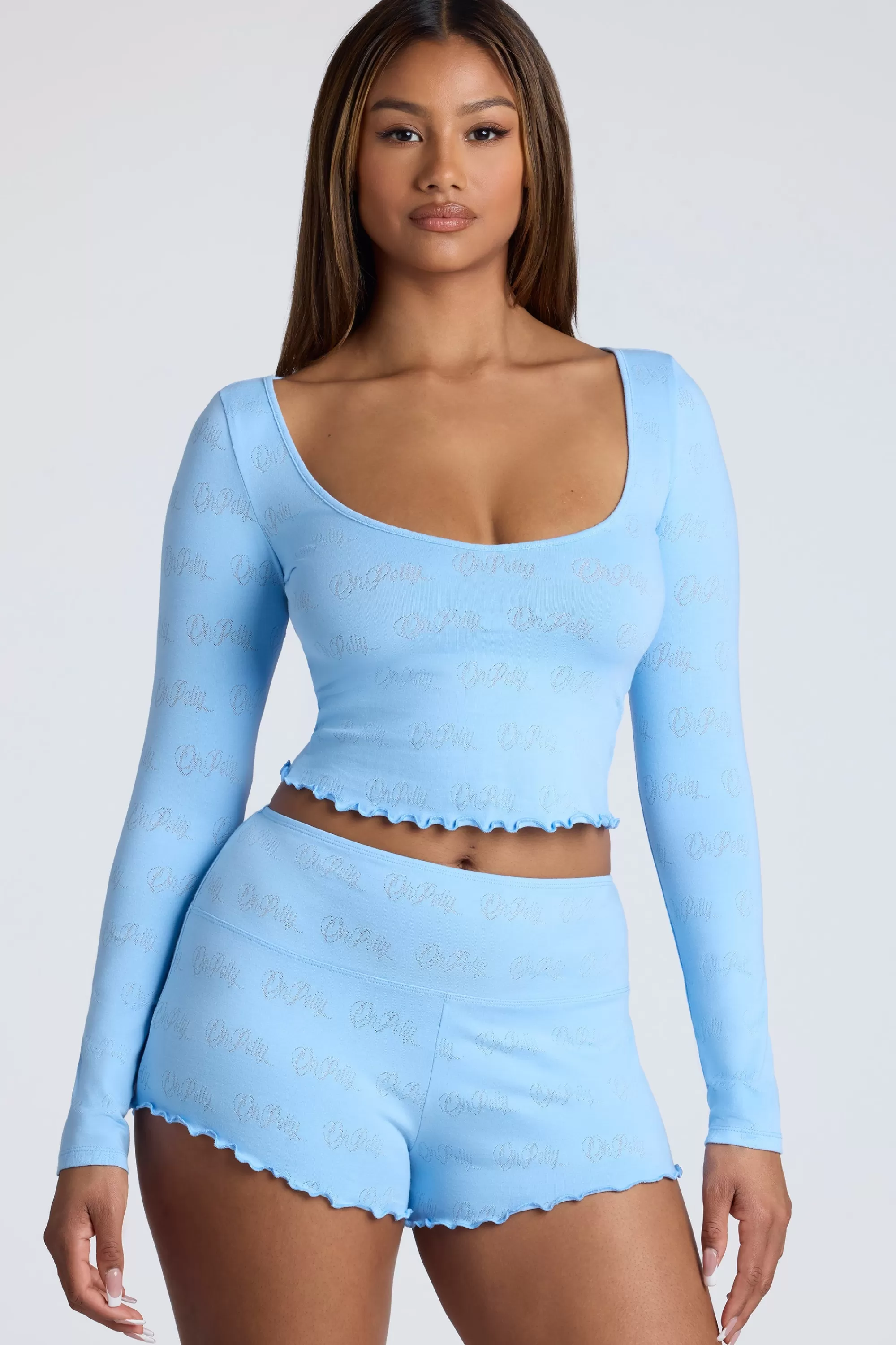 Oh Polly Long Sleeve Scoop Neck Pointelle Crop Top in Baby Blue BabyBlue Shop